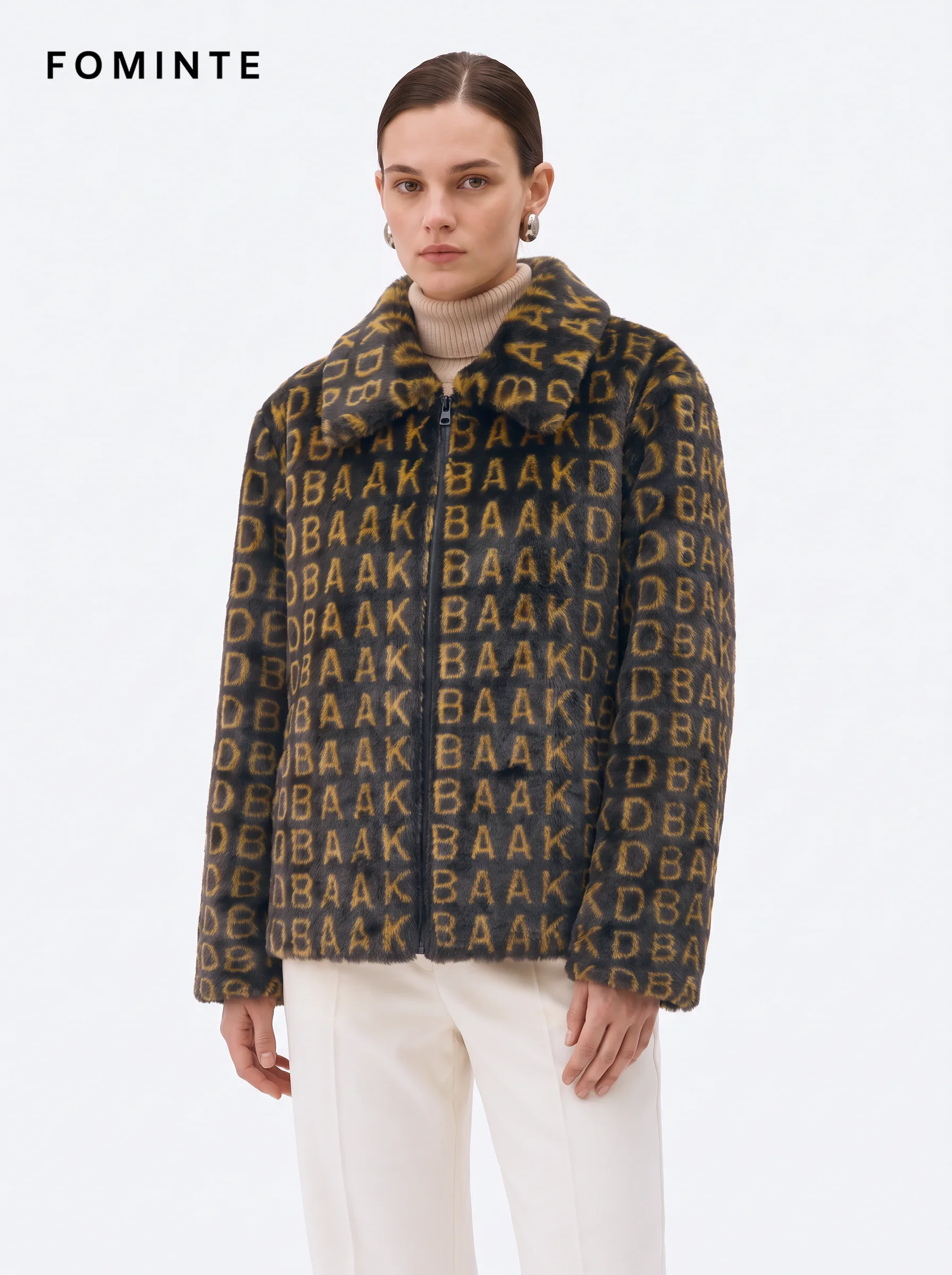 Black and Gold Monogram Luxury Faux Fur Zip Jacket