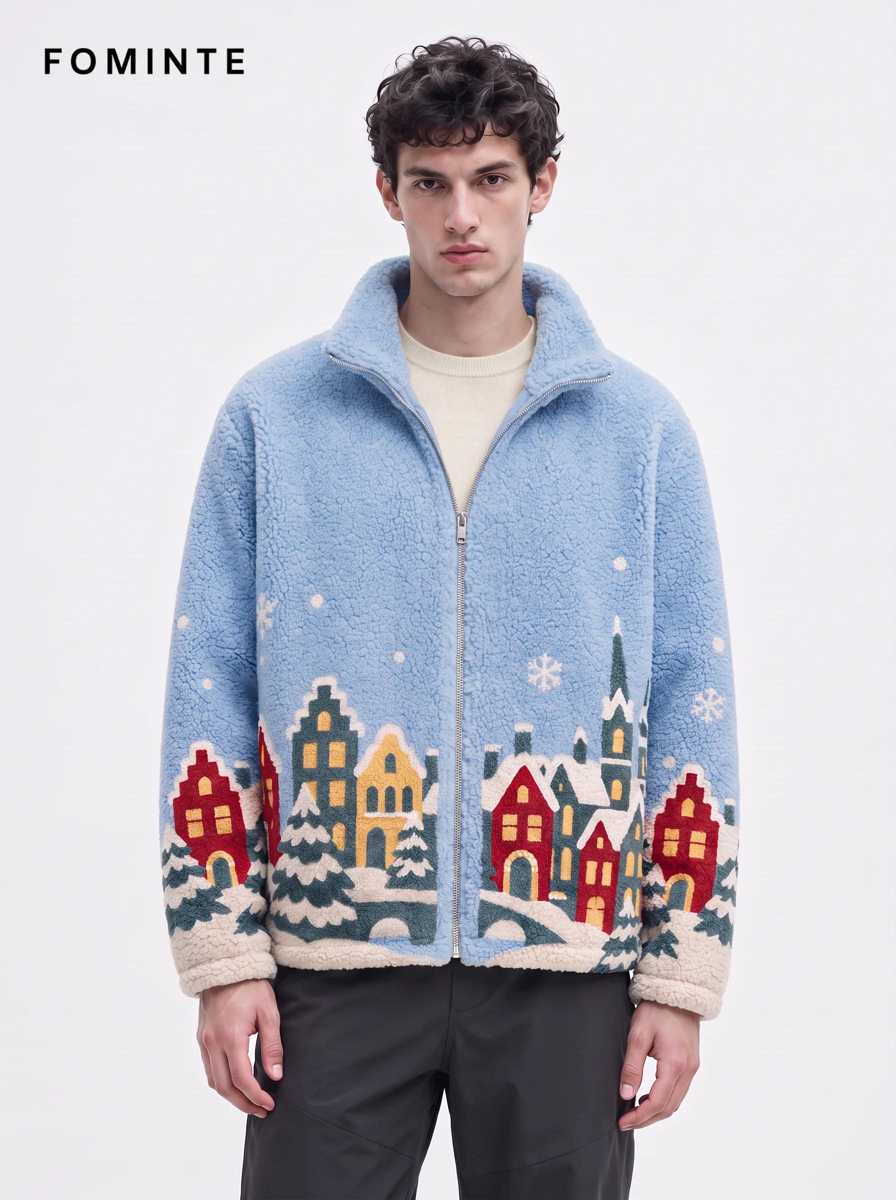 Sky Blue European Winter Town Jacquard Fleece Jacket
