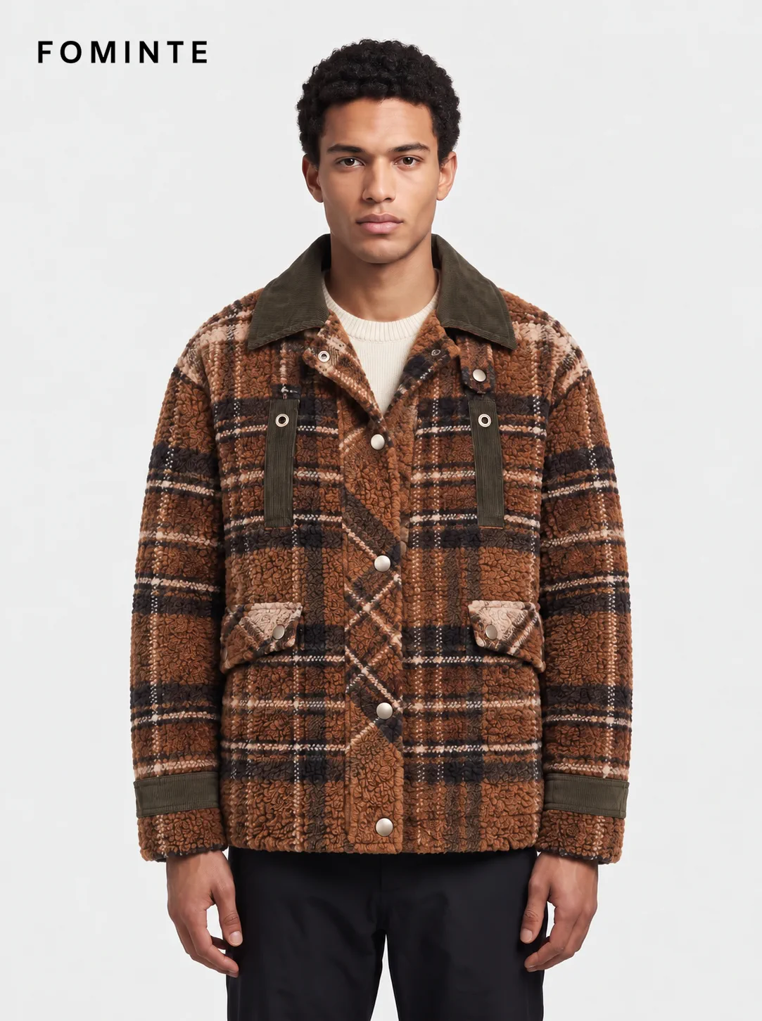 Brown Plaid Utility Sherpa Jacket with Corduroy Collar