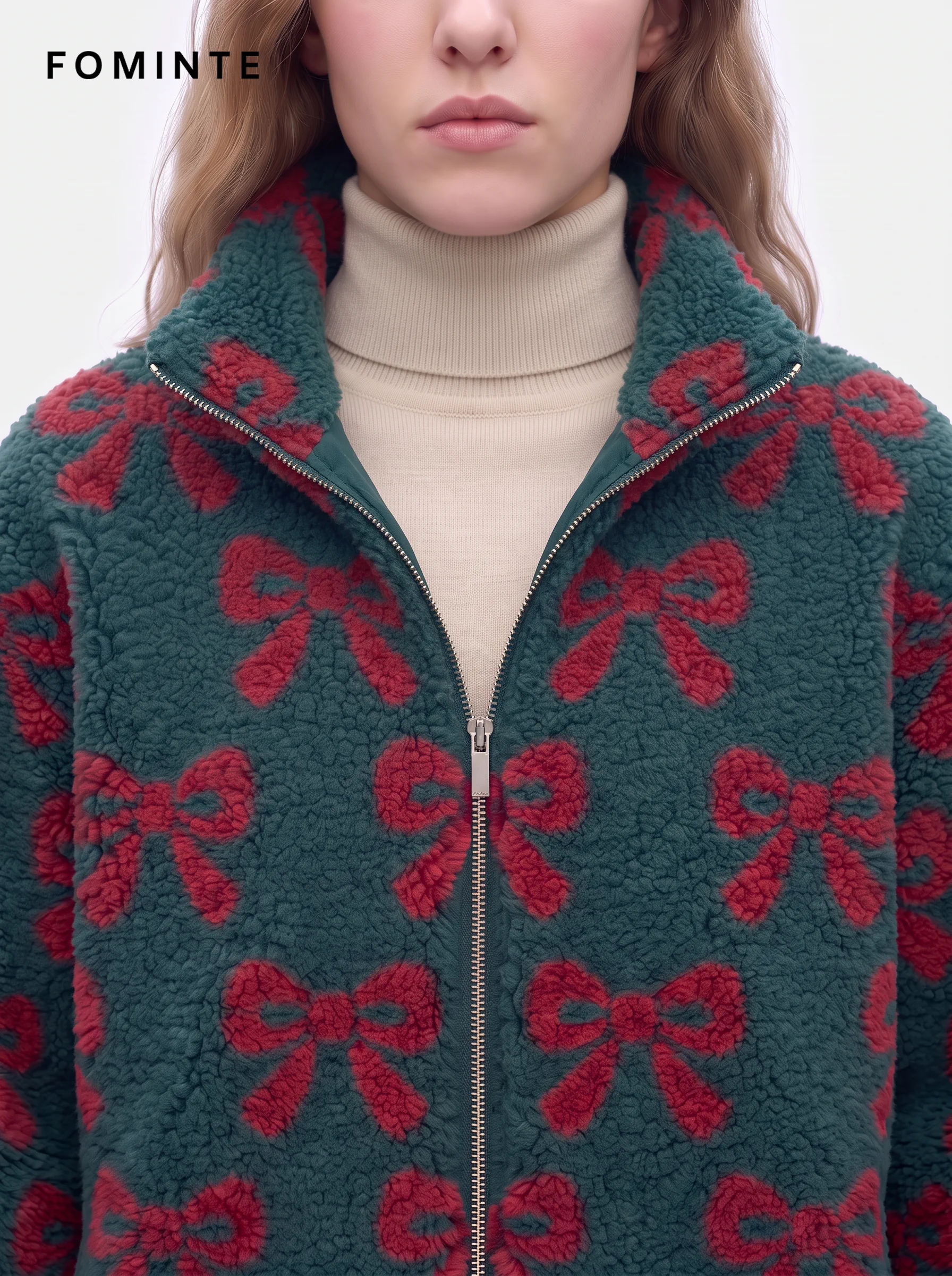 Forest Green Holiday Ribbon Bow Print Sherpa Jacket