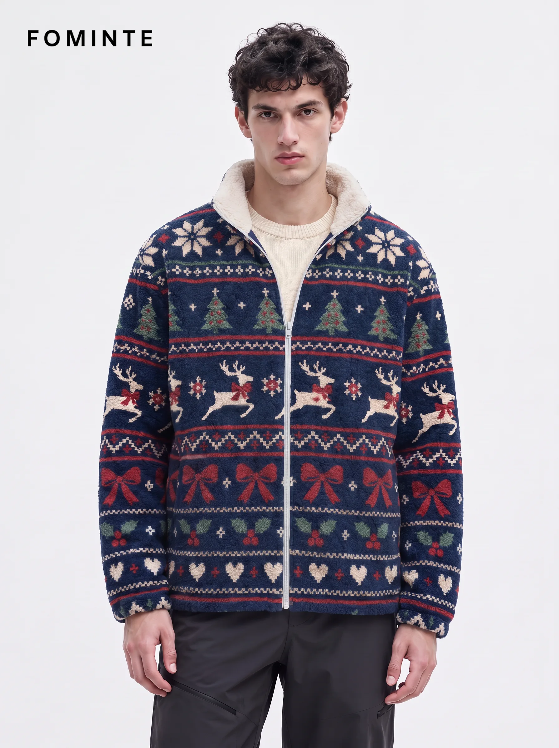 Navy Nordic Fair Isle Christmas Fleece Jacket