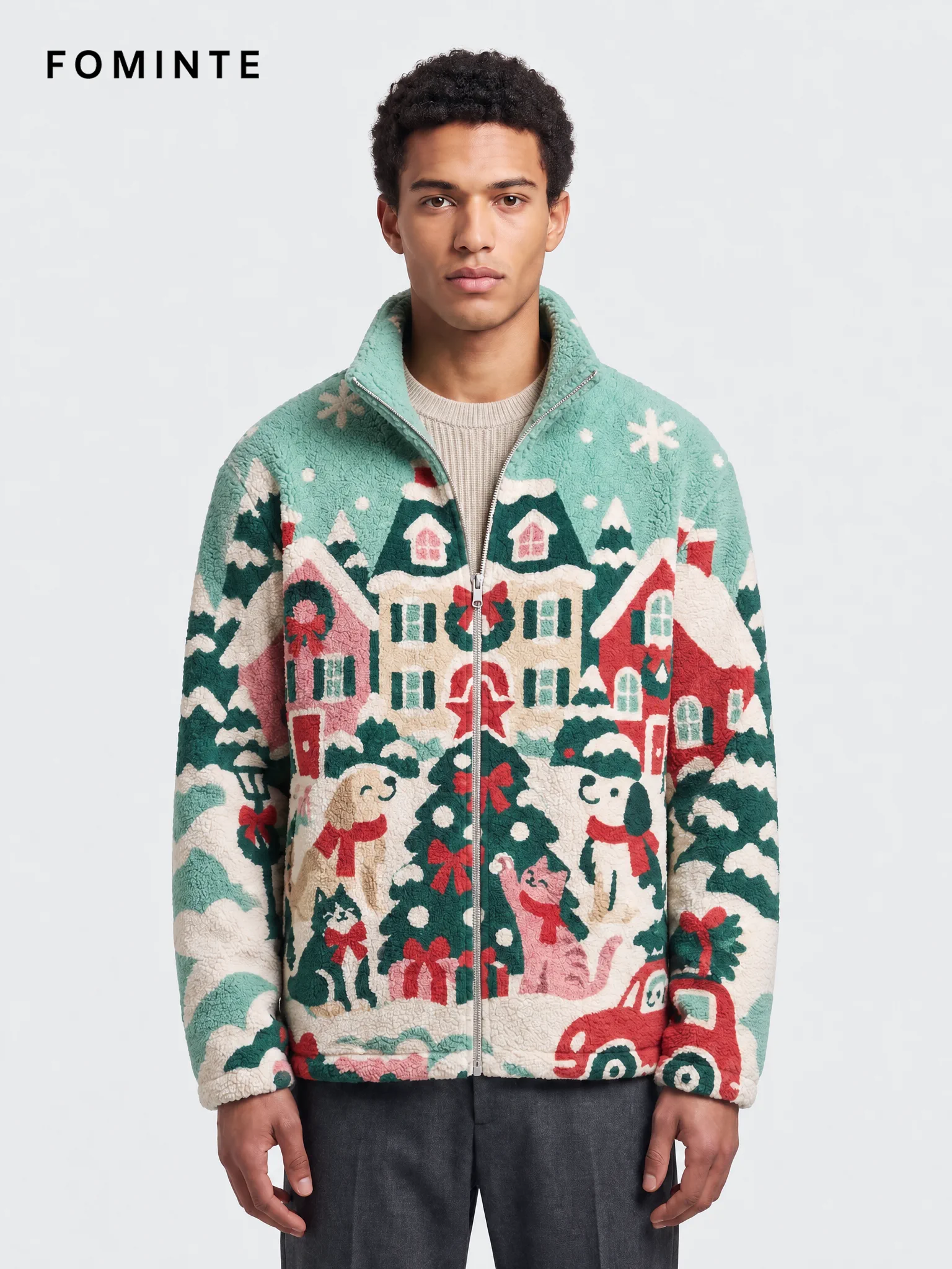 Pastel Mint Winter Village and Holiday Pets Fleece Jacket