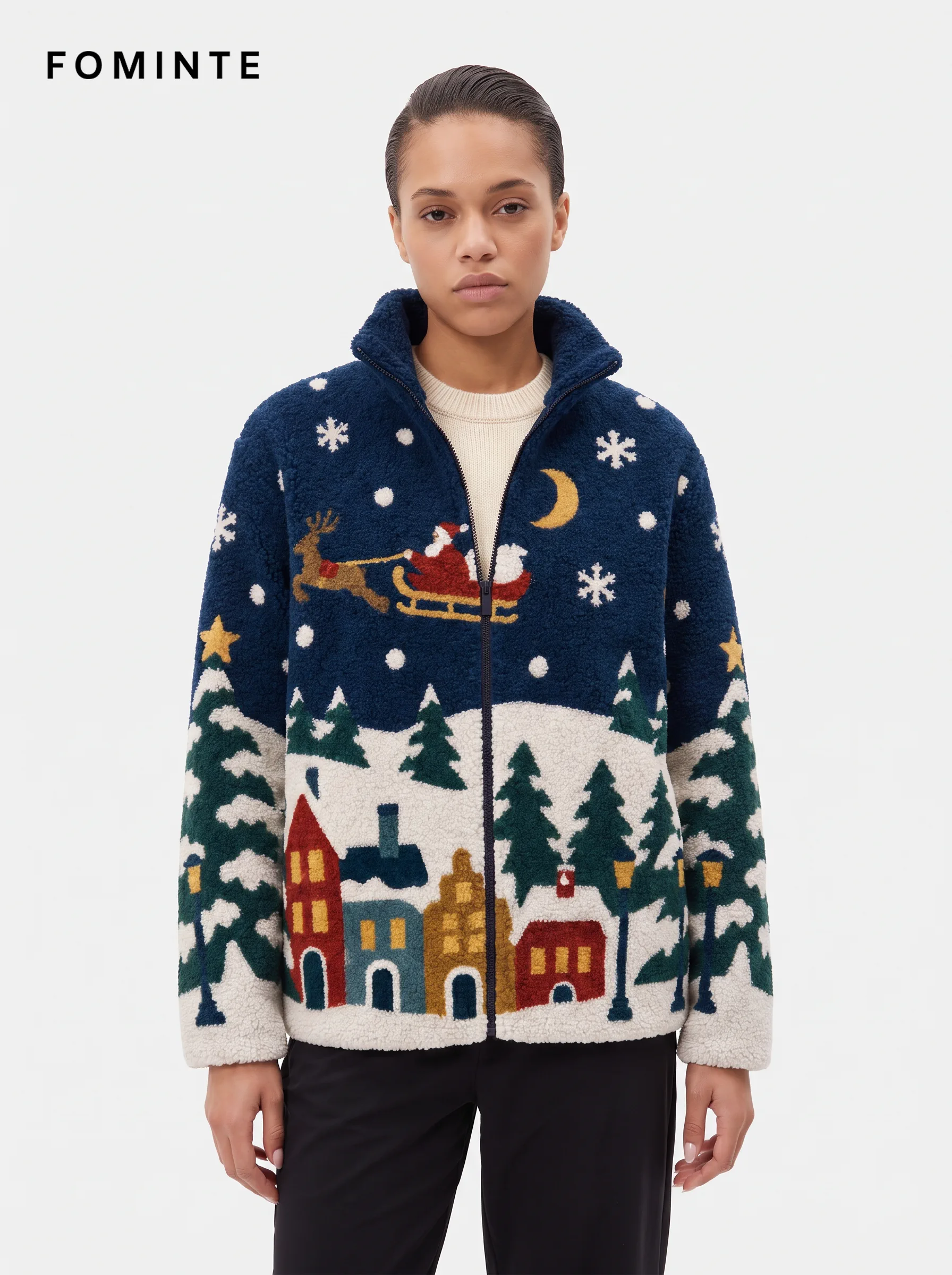Midnight Navy Santa Sleigh Christmas Sherpa Jacket