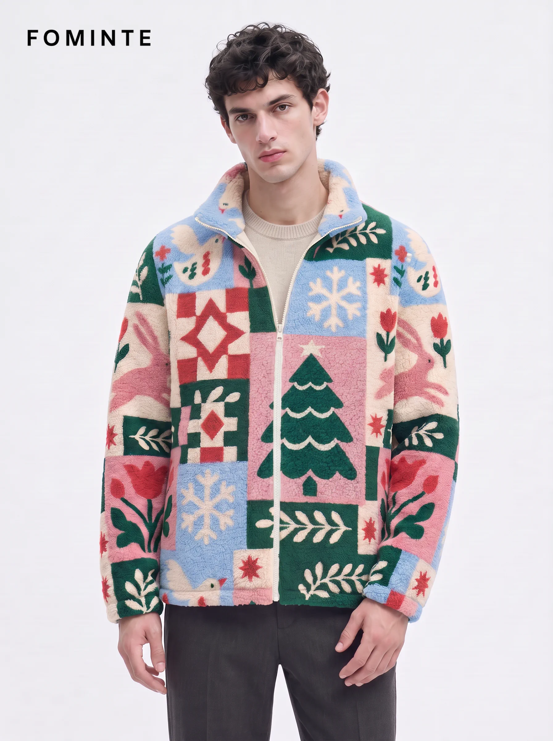 Pastel Christmas Patchwork Quilt Sherpa Jacket