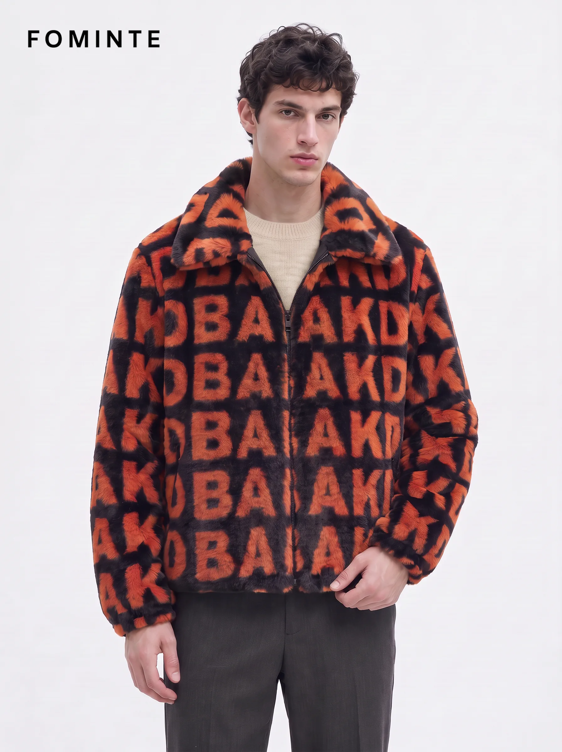 Tangerine and Black Monogram Luxury Faux Fur Zip Jacket