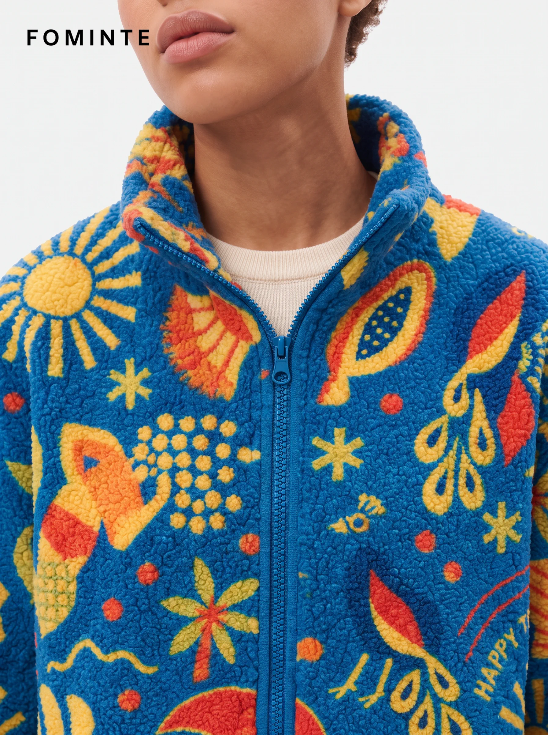 Electric Blue Sunshine Tropical Resort Print Fleece Jacket