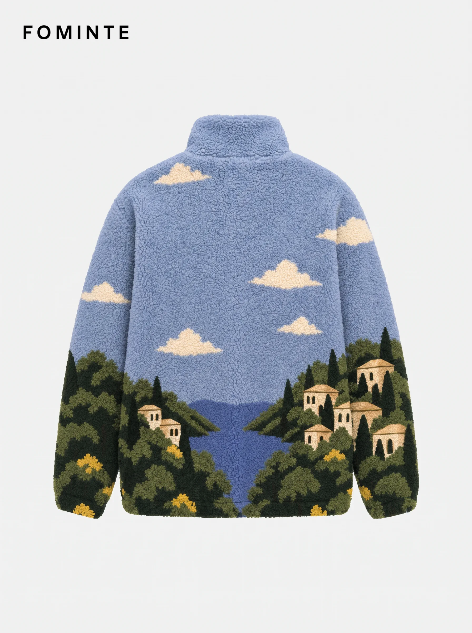 Sky Blue Mediterranean Coastal Villa Landscape Fleece Jacket