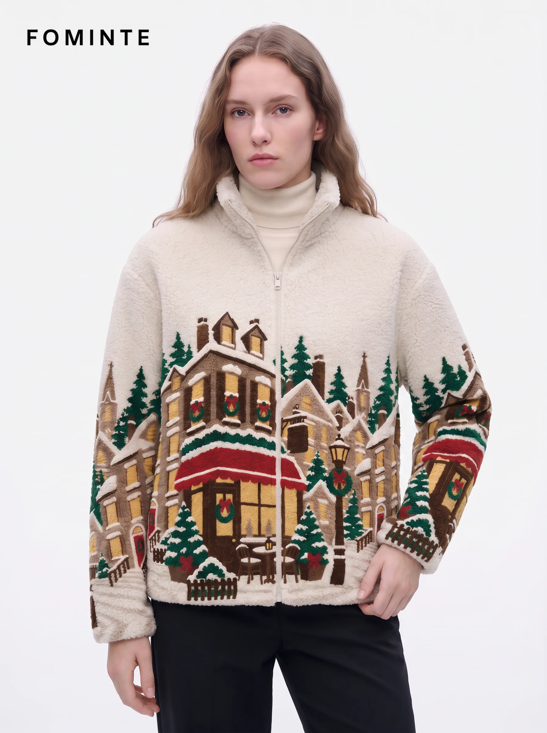 European Winter Town Jacquard Sherpa Fleece Jacket