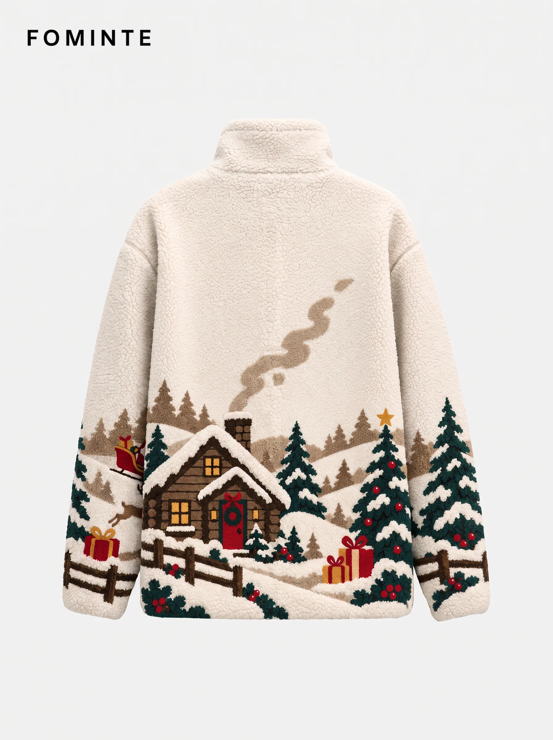 Alpine Cabin and Snowman Holiday Sherpa Fleece Jacket