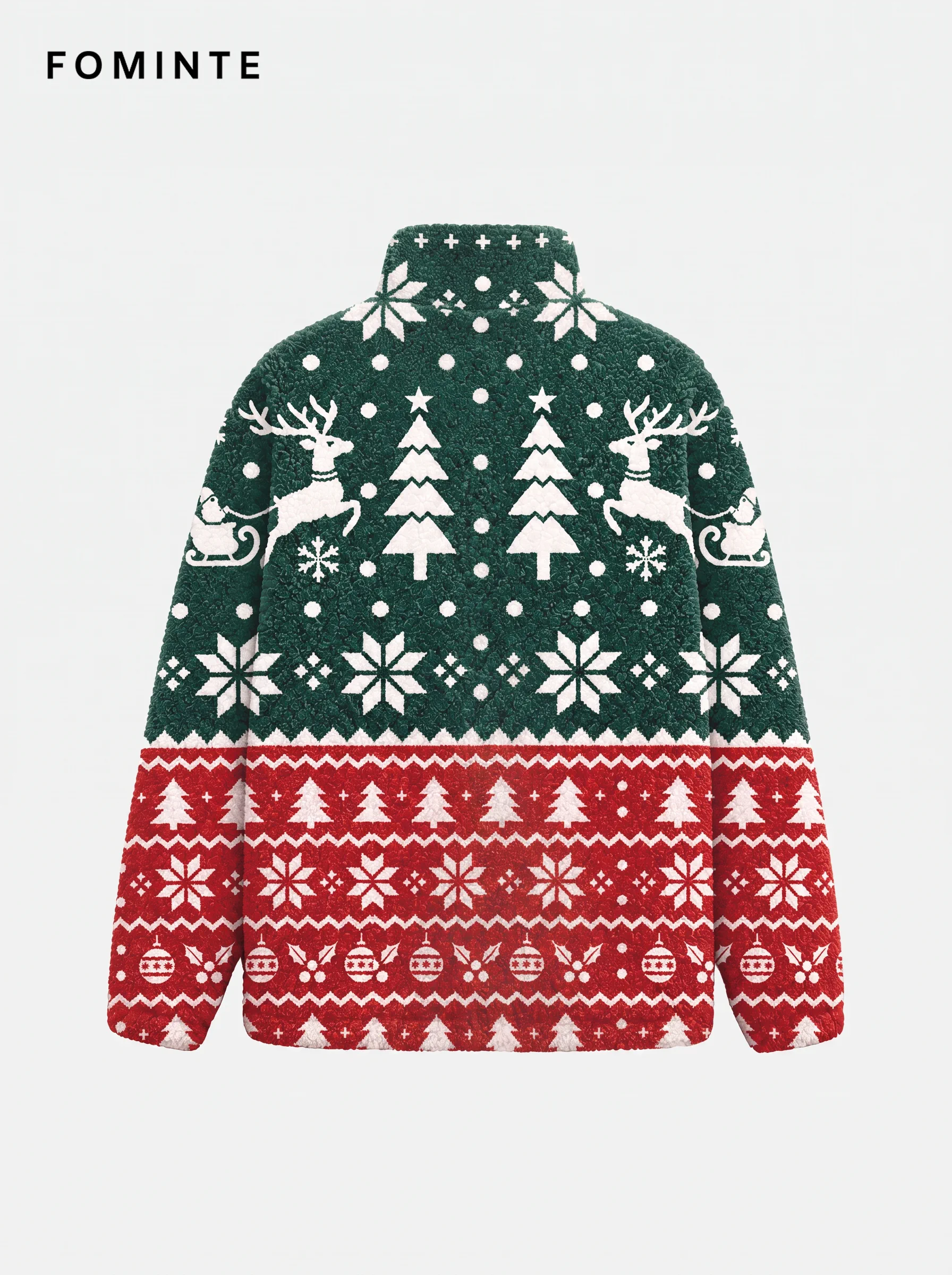 Festive Fair Isle Reindeer and Sleigh Holiday Sherpa Jacket