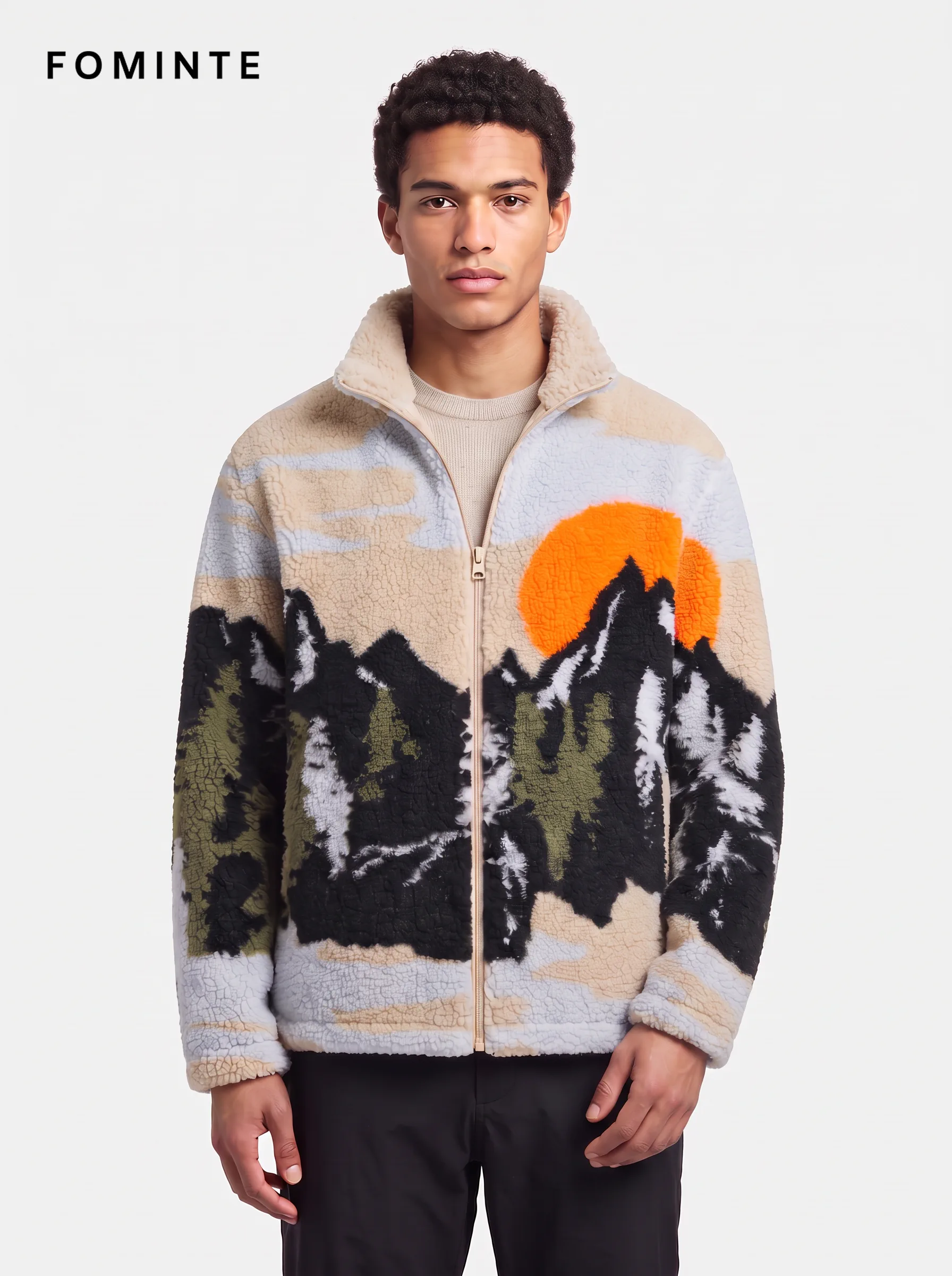 Men's Golden Sunset Alpine Mountain Peaks Jacquard Sherpa Jacket