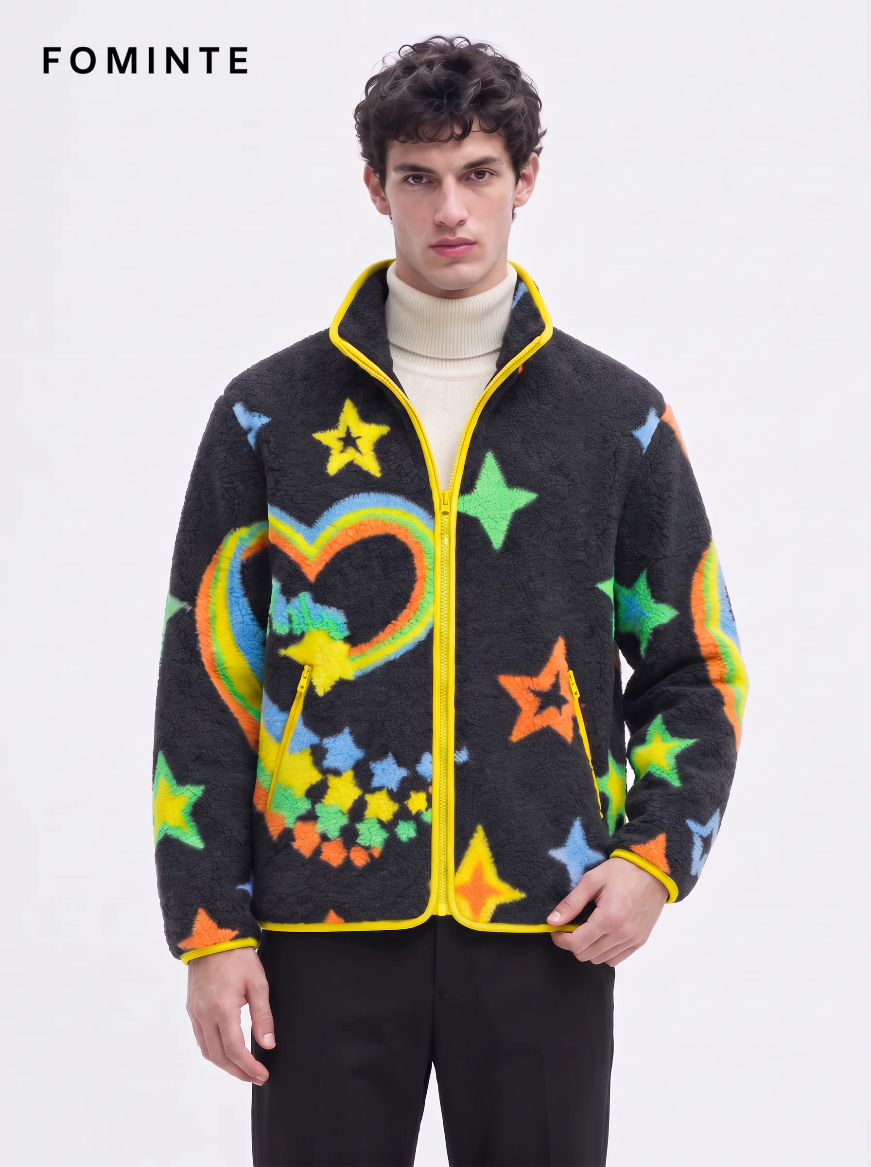 Modern Prismatic Polygon Colorblock Sherpa Fleece Jacket