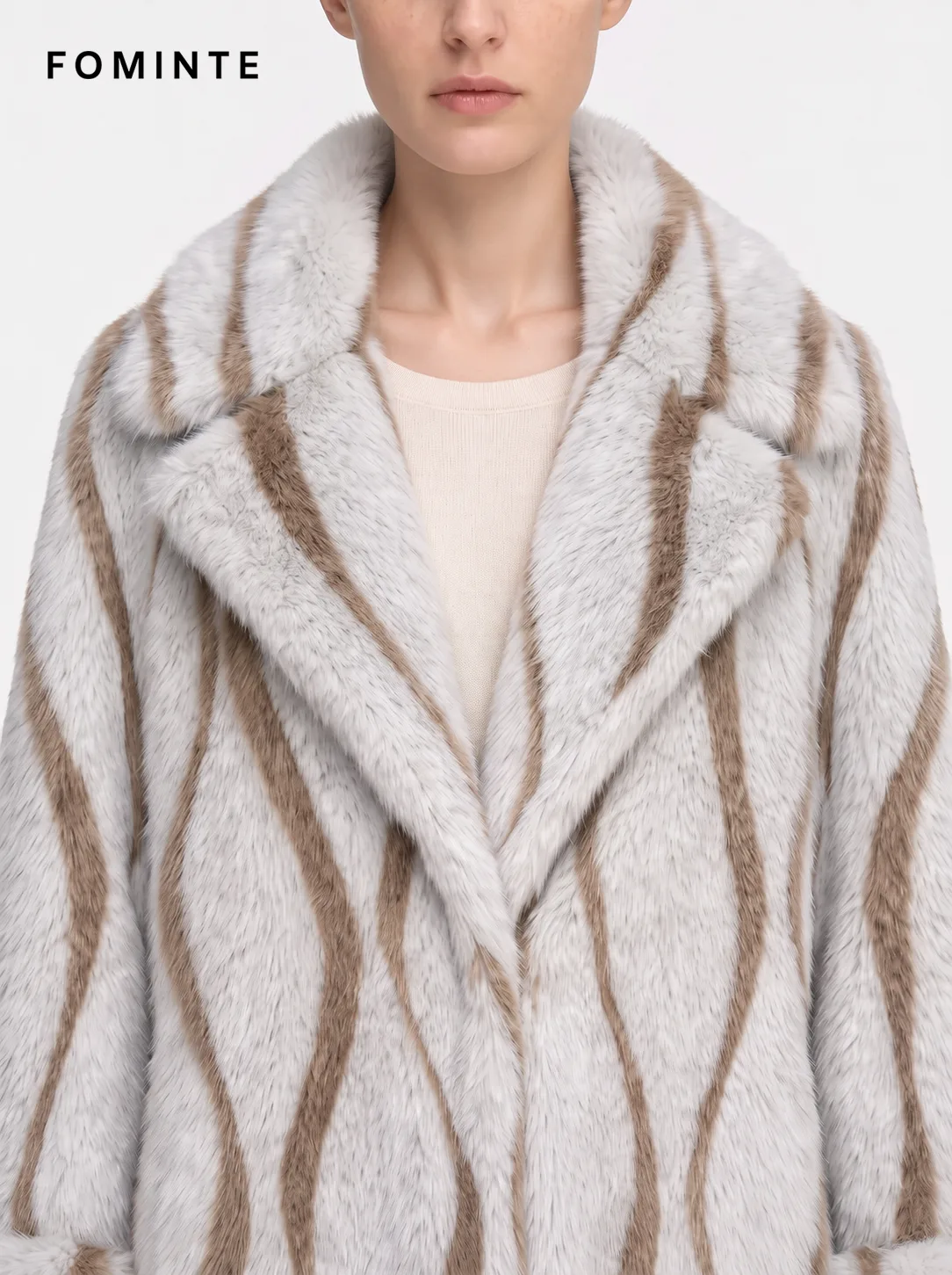 Cream and Dove Grey Striped Lapel Faux Fur Coat