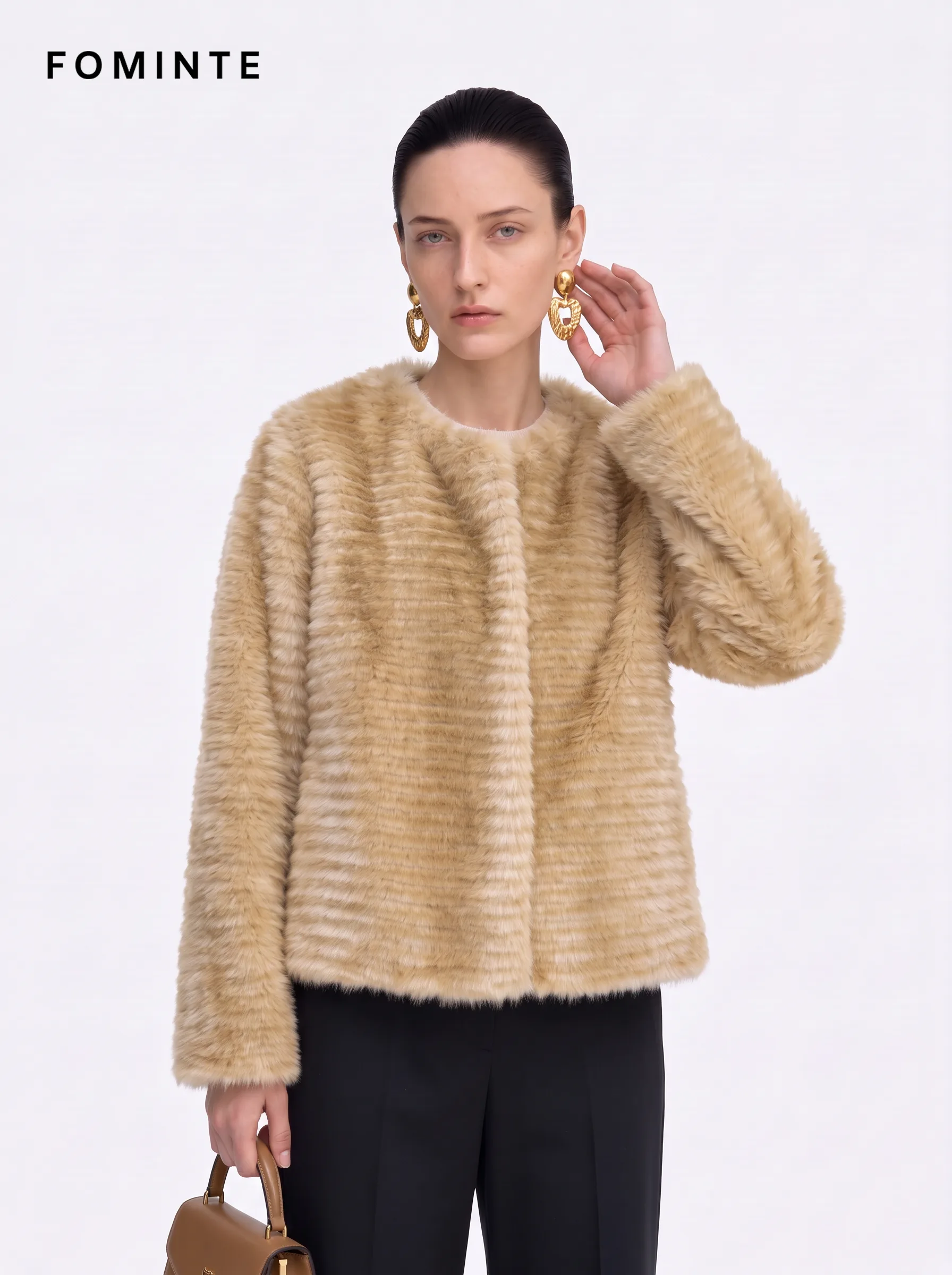Golden Caramel Stand Collar Plush Faux Fur Jacket