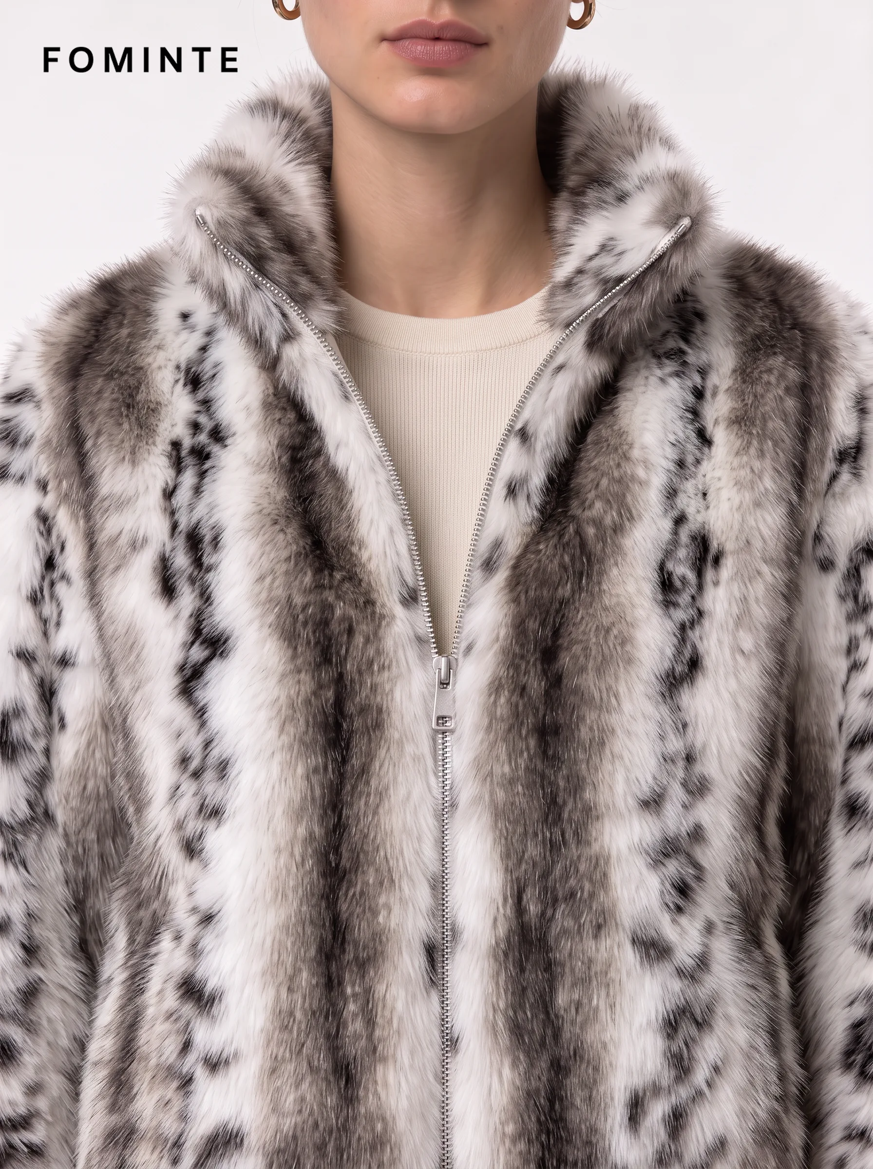 Snow Leopard Print Notch Lapel Faux Fur Jacket