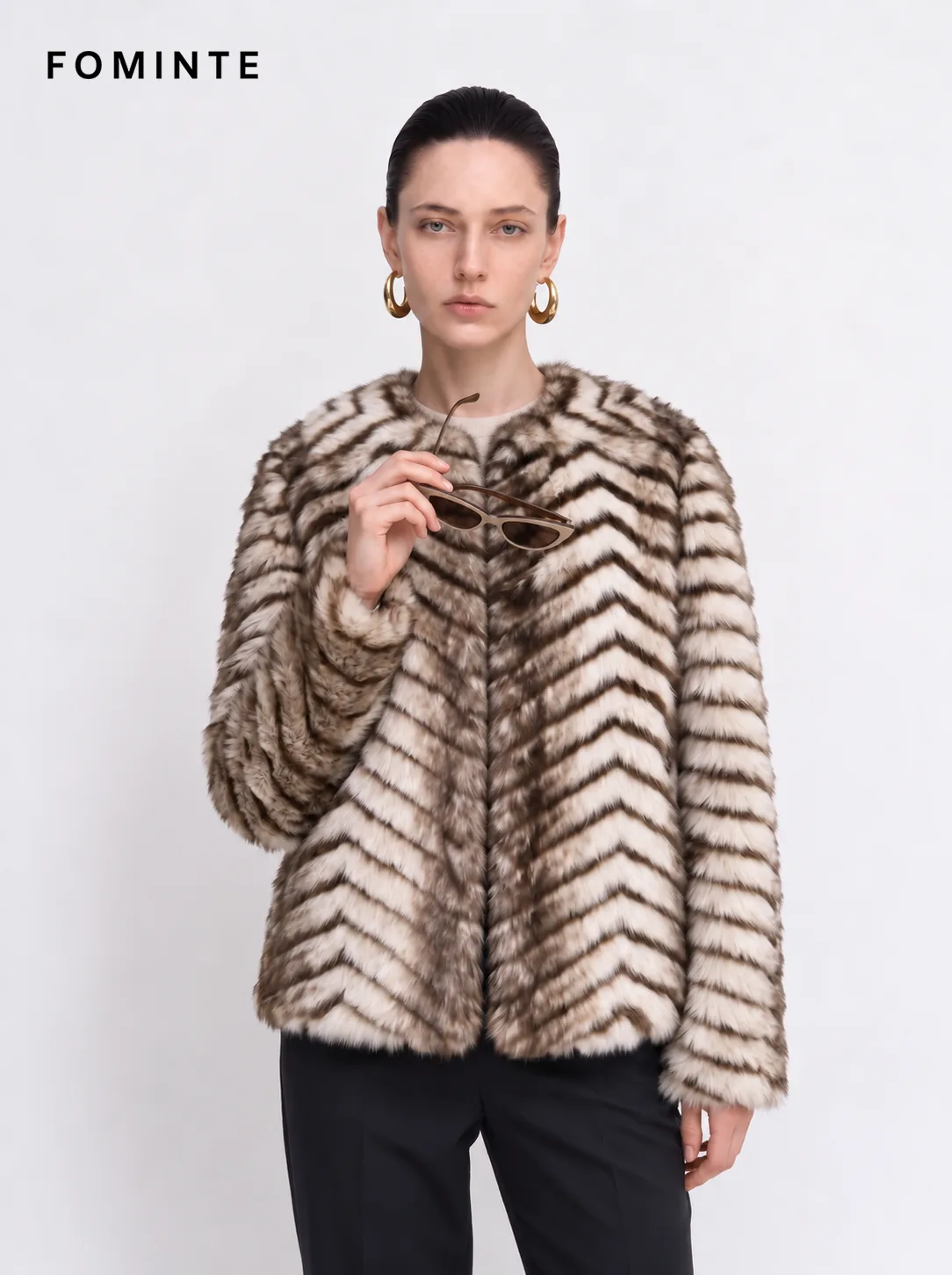 Ivory and Camel Wave Ripple Patterned Faux Fur Jacket
