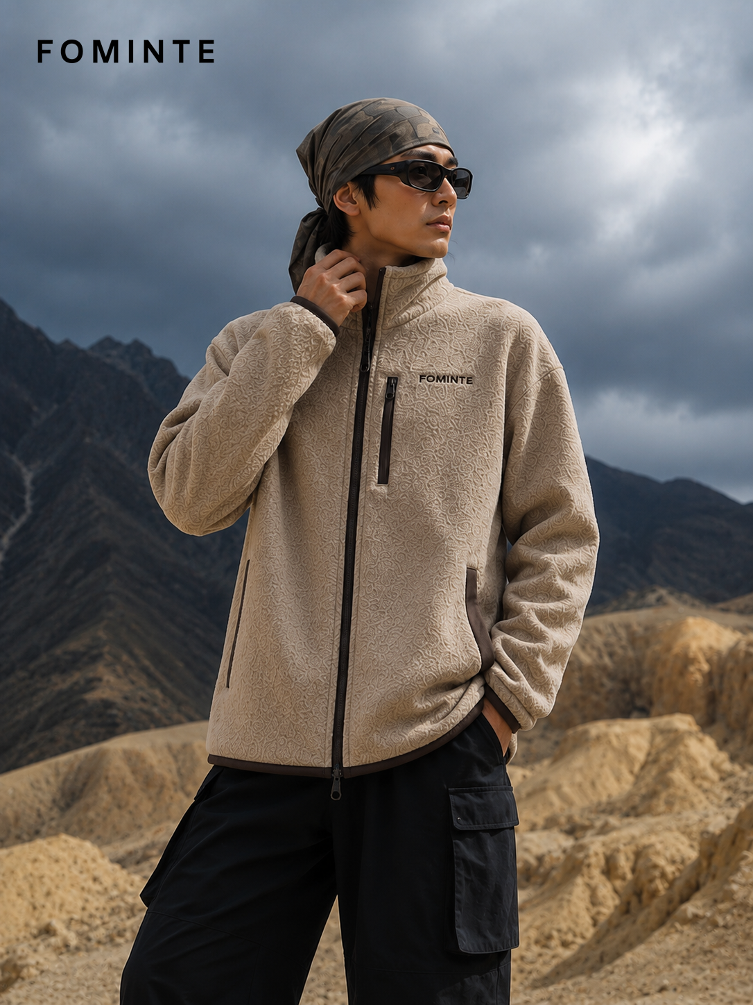 Khaki and Light Brown Unisex Full-Zip Fleece Jacket Wholesale Custom Outerwear - FM0801000450-2