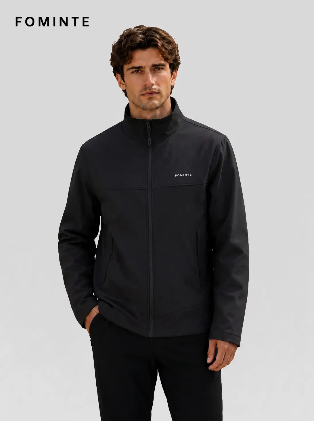 Men's Black Stand Collar Softshell Jacket
