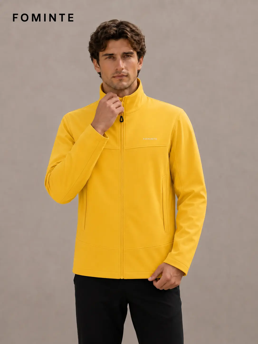 Men's Yellow Stand Collar Softshell Jacket