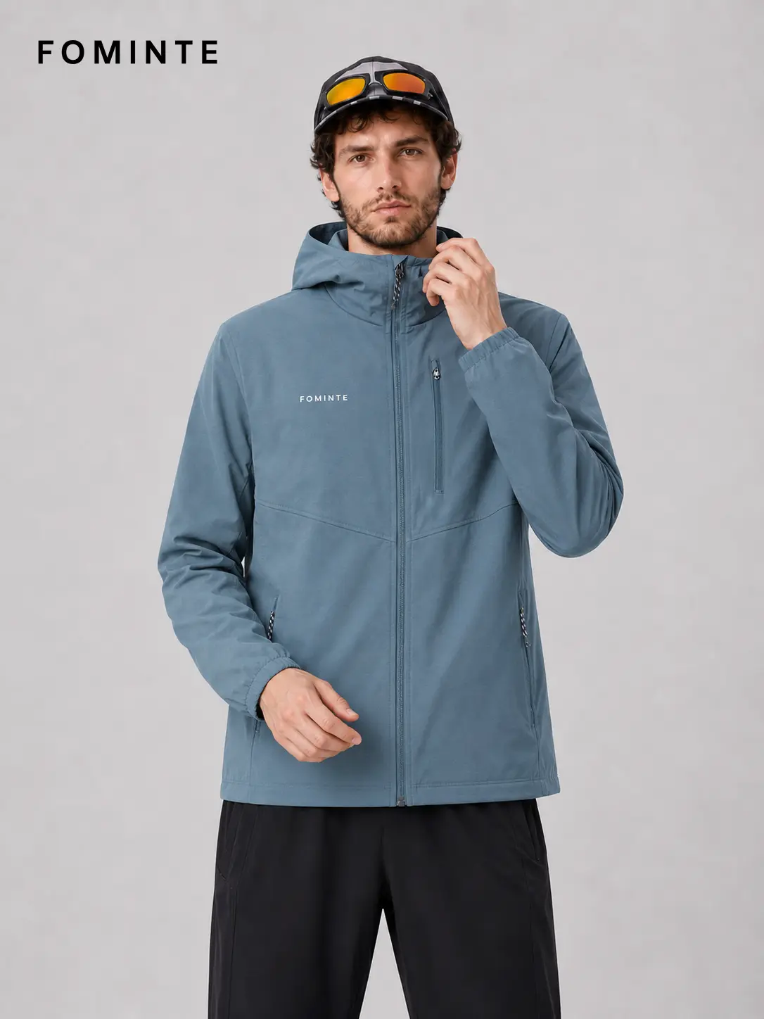 Men's Blue Grey Hooded Outdoor Softshell Jacket