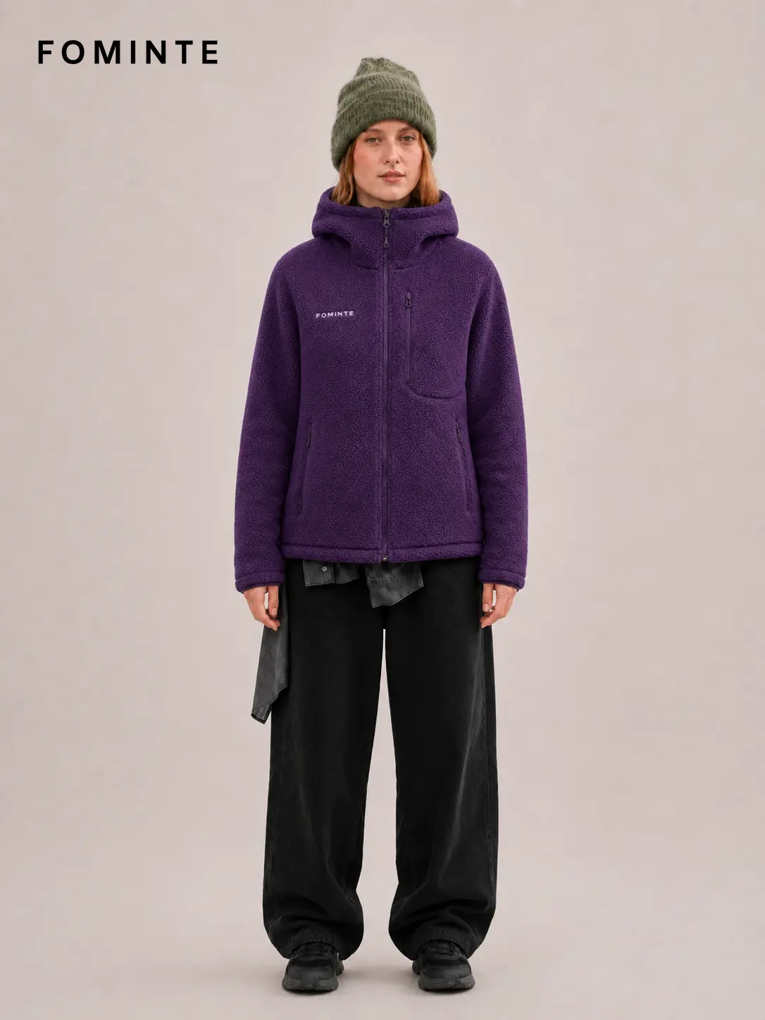 Men's Dark Purple Full-Zip Sherpa Fleece Hooded Jacket