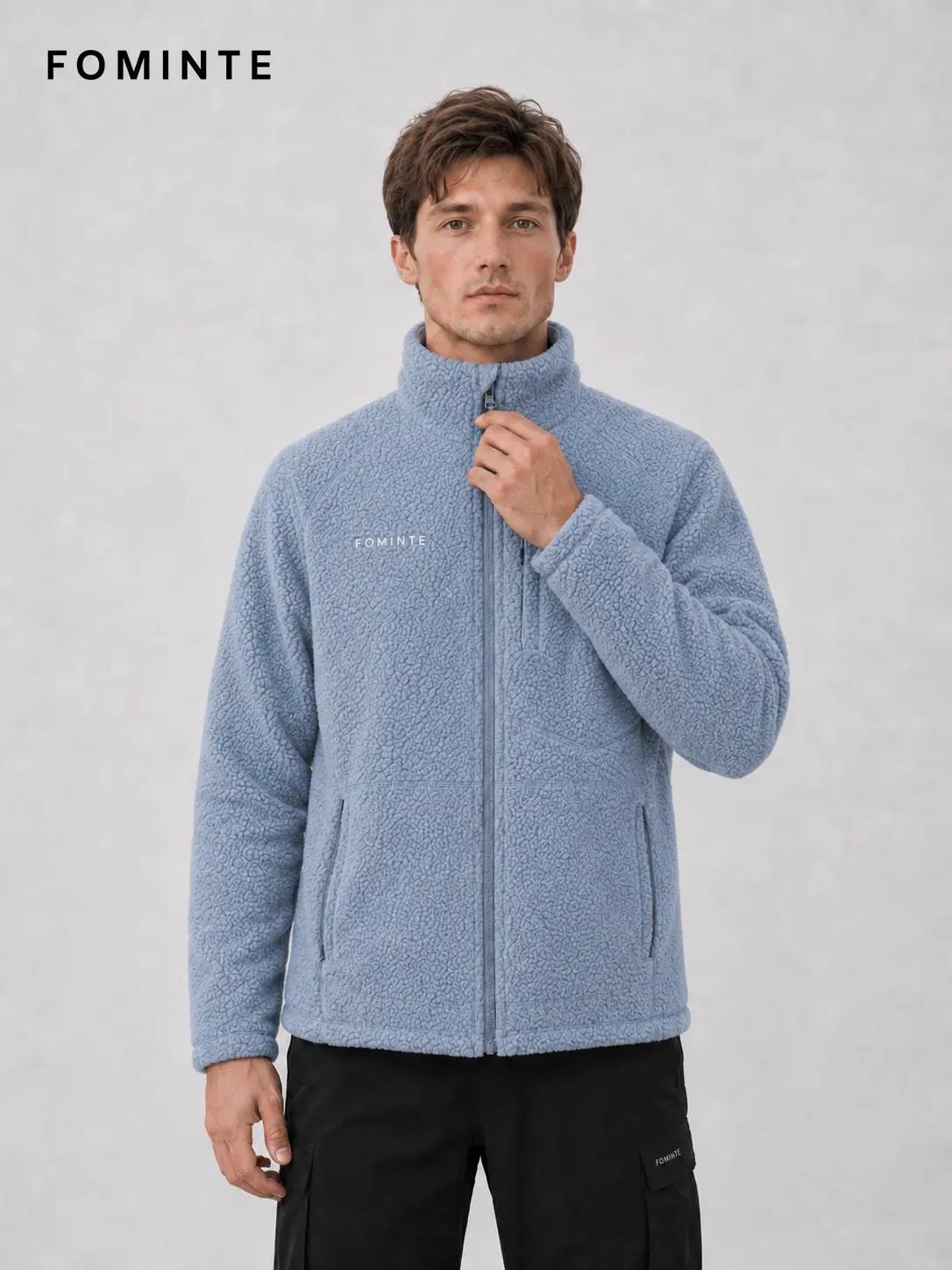 Men's Light Grey Blue Stand Collar Color-Block Fleece Jacket