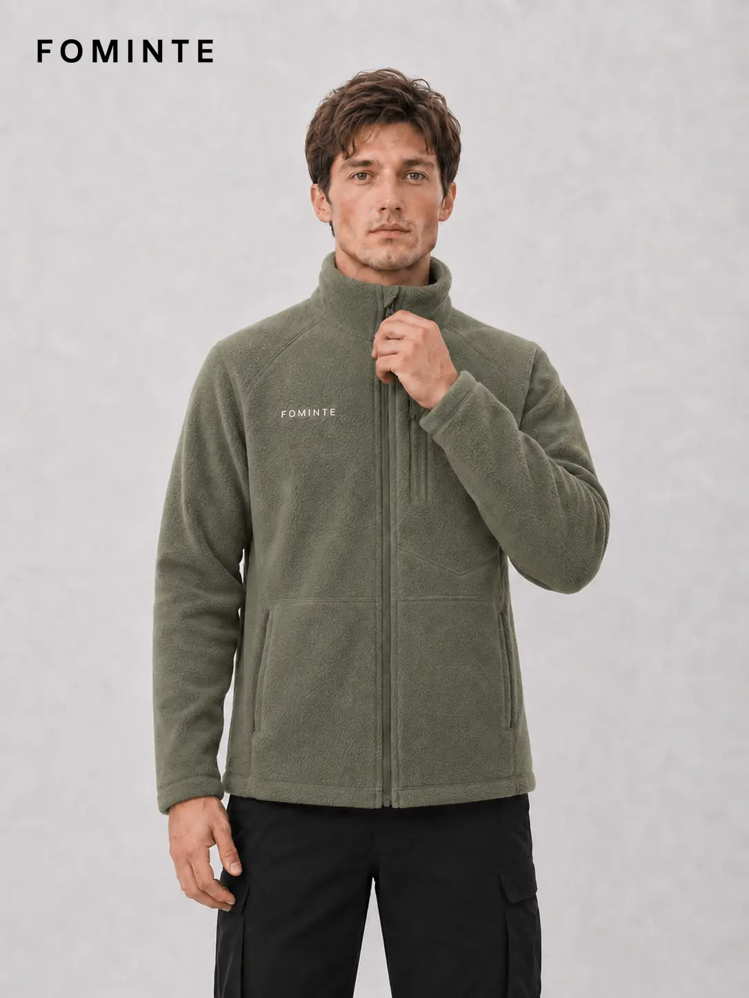 Men's Light Olive Green Stand Collar Color-Block Fleece Jacket