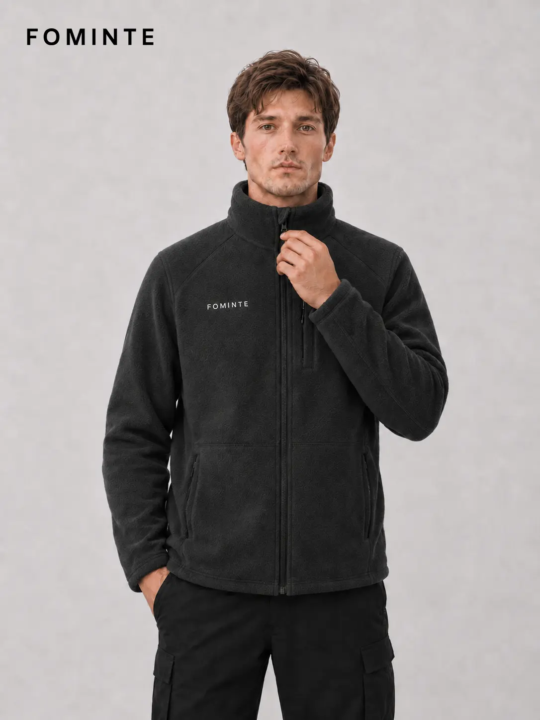 Men's Charcoal Black Stand Collar Color-Block Fleece Jacket
