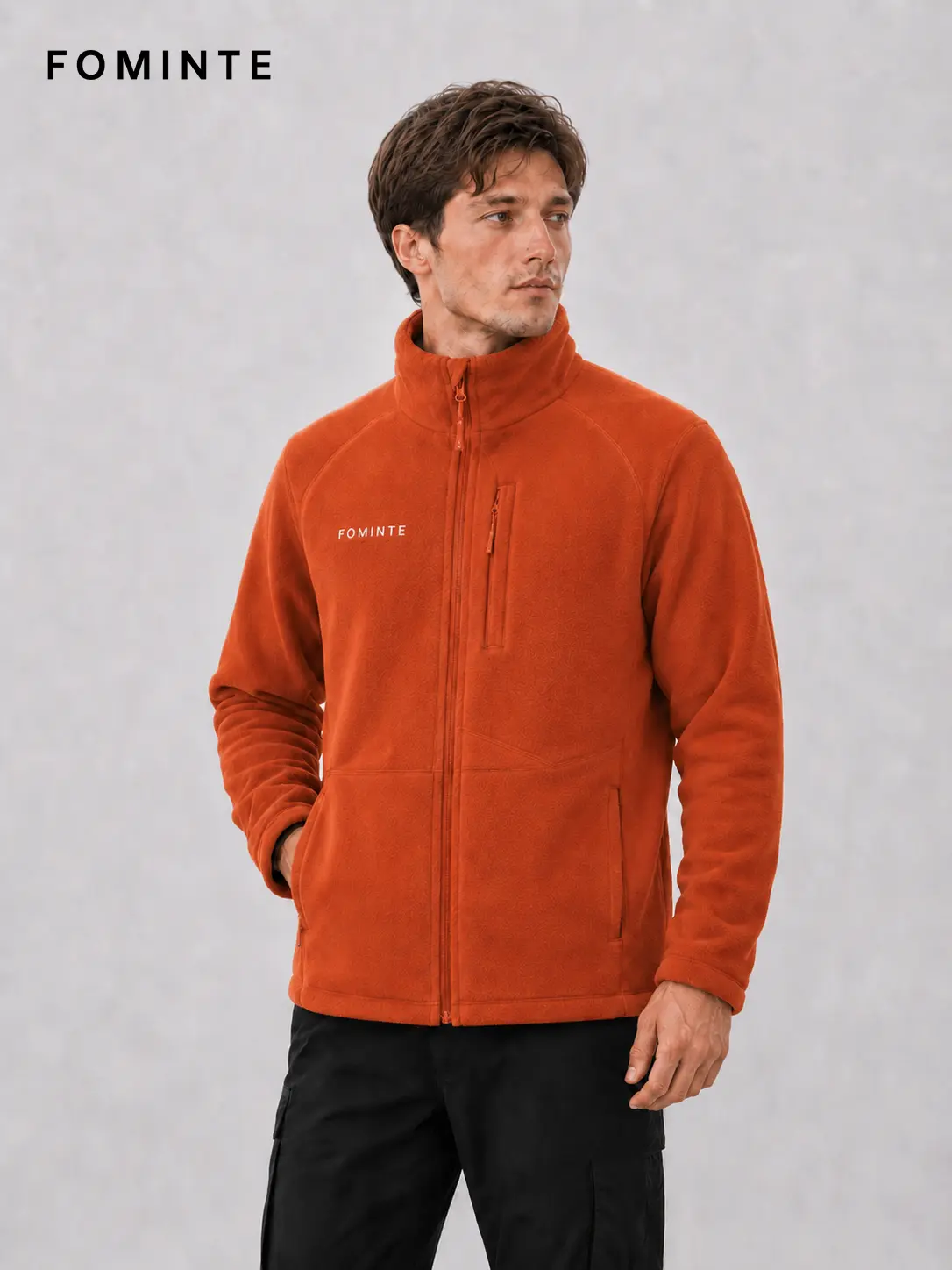 Men's Vermilion Red Stand Collar Color-Block Fleece Jacket