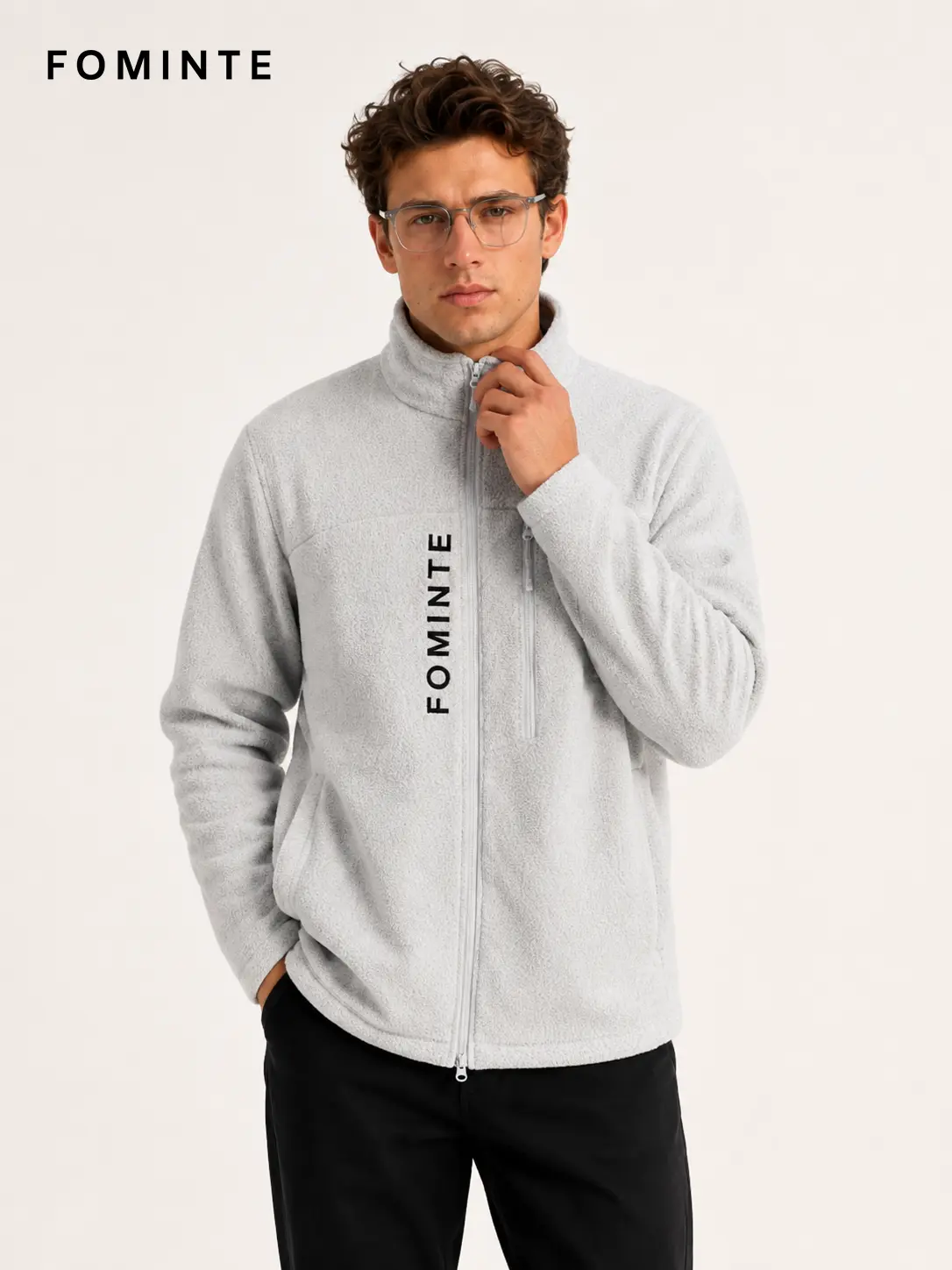 Men's Silver-white Stand Collar Full-Zip Fleece Jacket