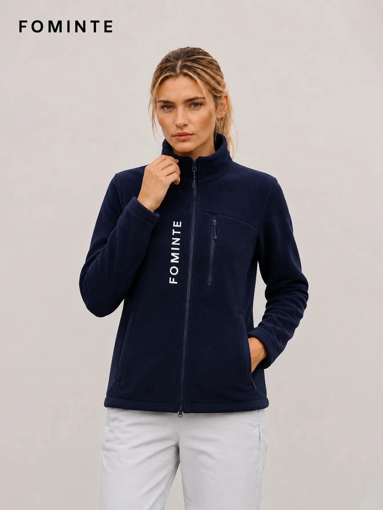 Women's Navy Blue Stand Collar Full-Zip Fleece Jacket