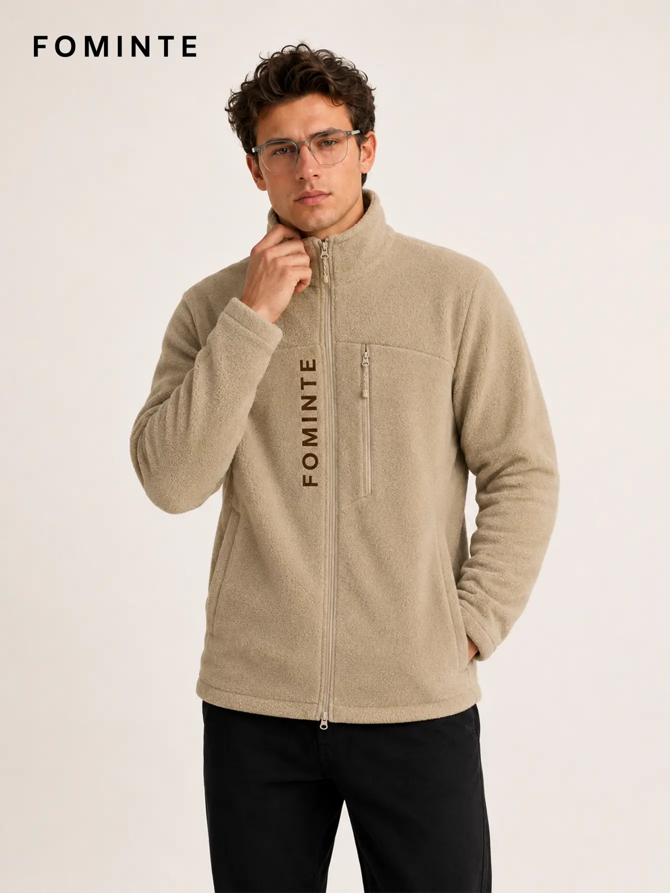 Men's Light Khaki Stand Collar Full-Zip Fleece Jacket