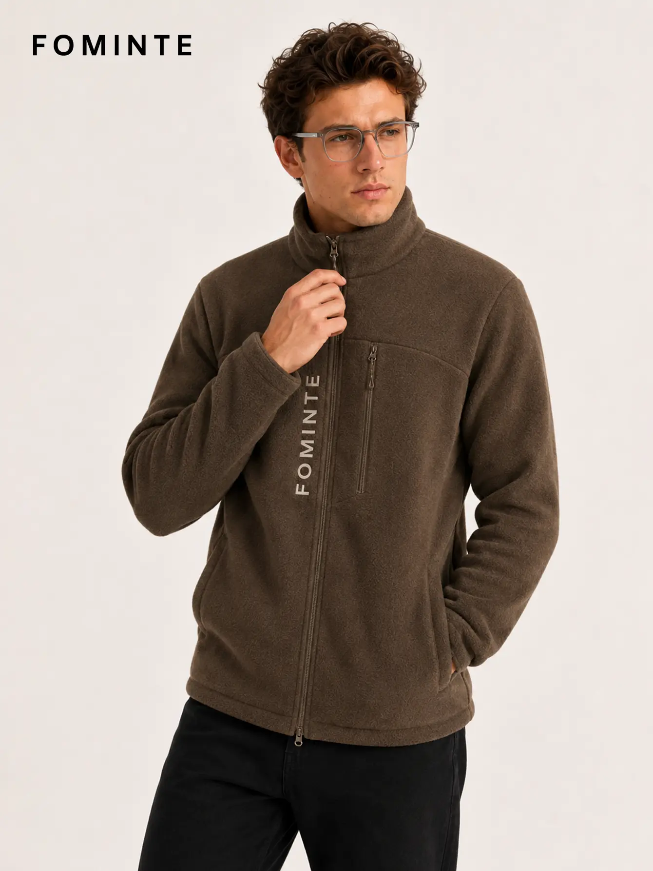 Men's Coffee Brown Stand Collar Full-Zip Fleece Jacket