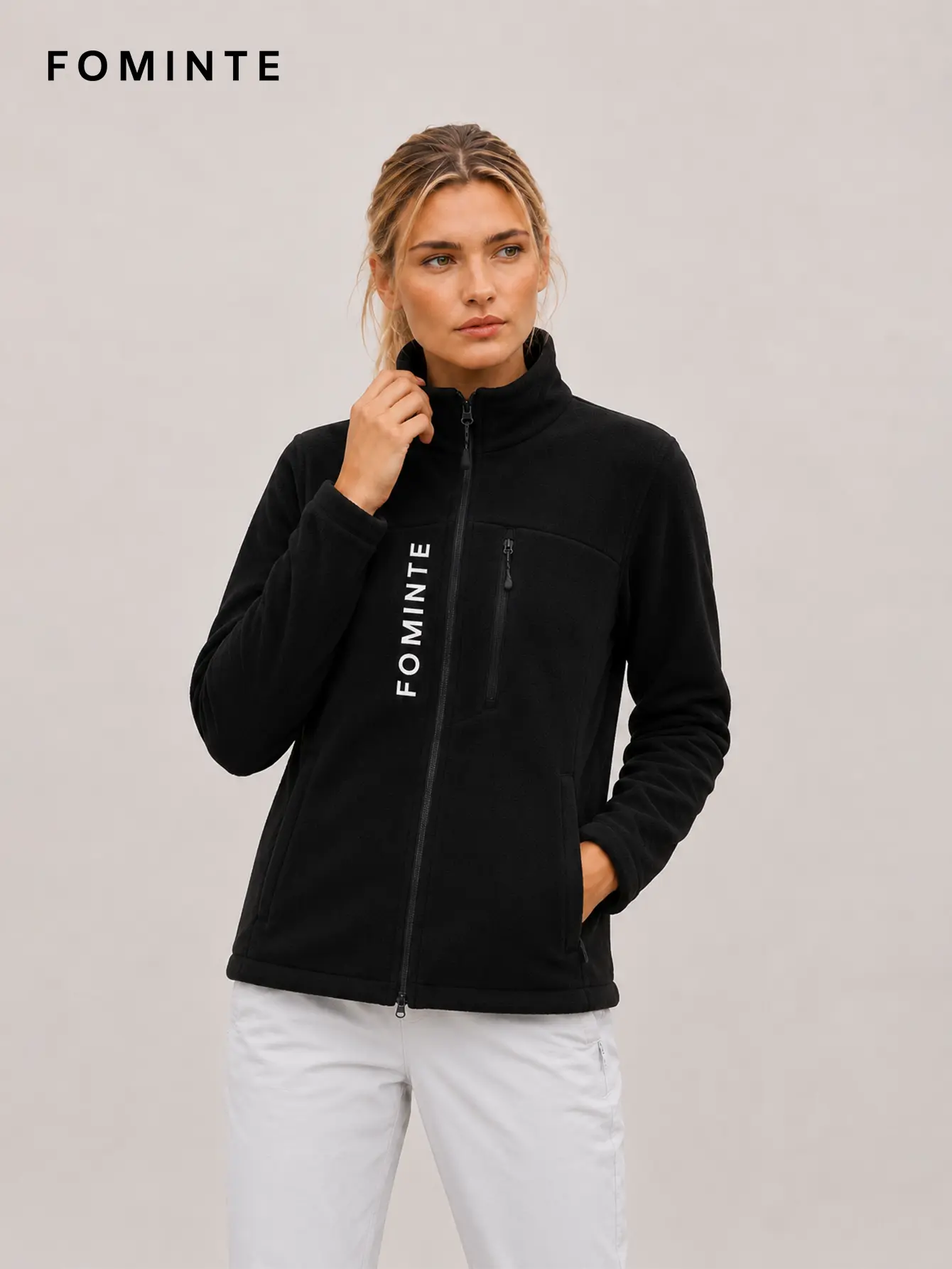 Women's Black Stand Collar Full-Zip Fleece Jacket