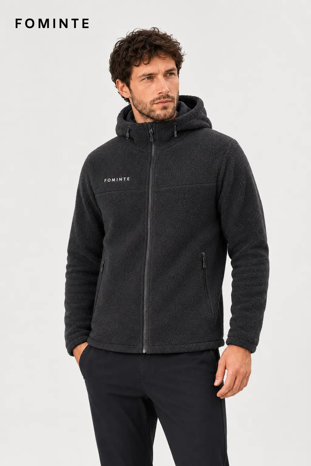 Men's Dark Grey Hooded Full-Zip Fleece Jacket