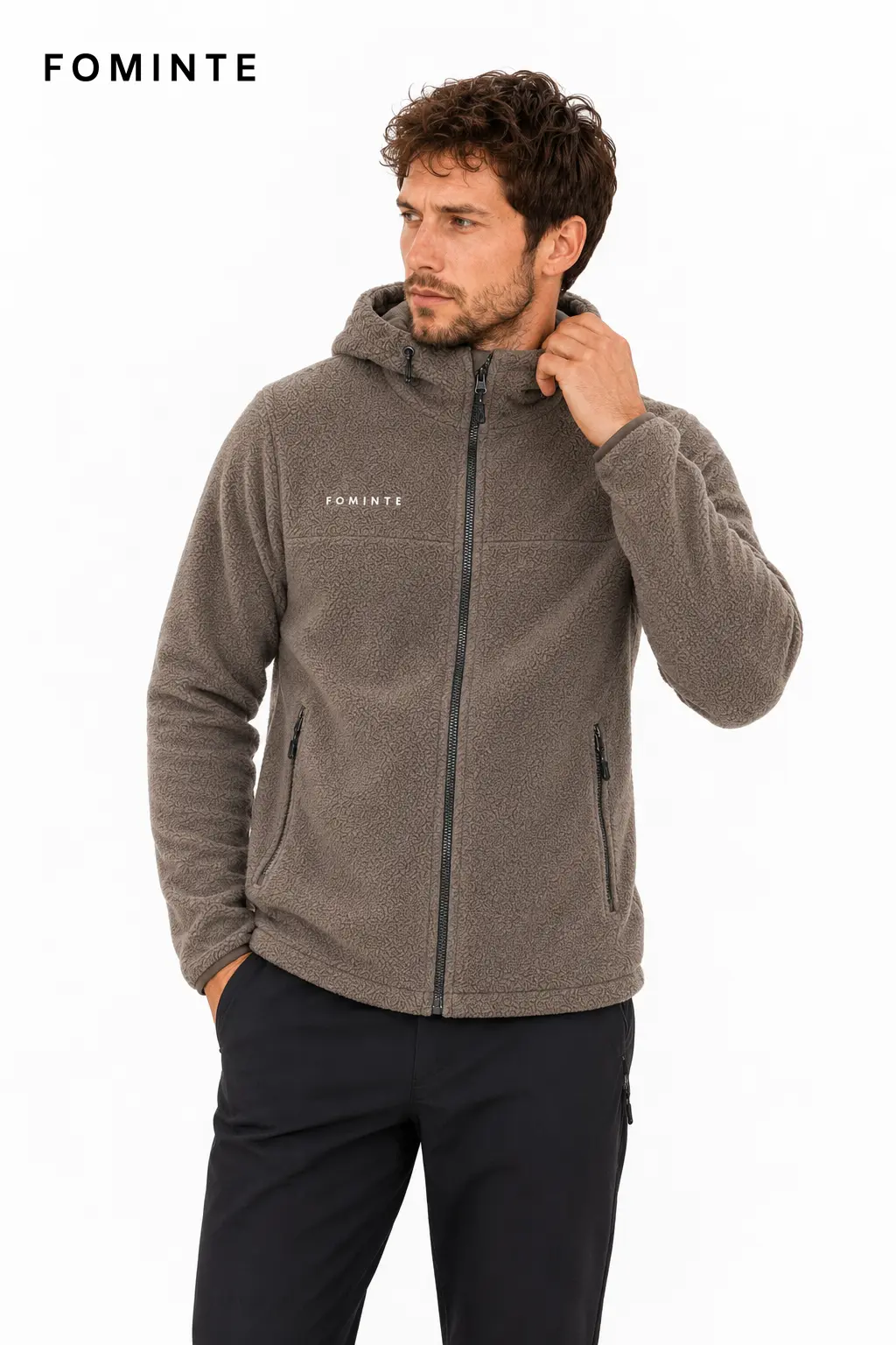 Men's Khaki Hooded Full-Zip Fleece Jacket