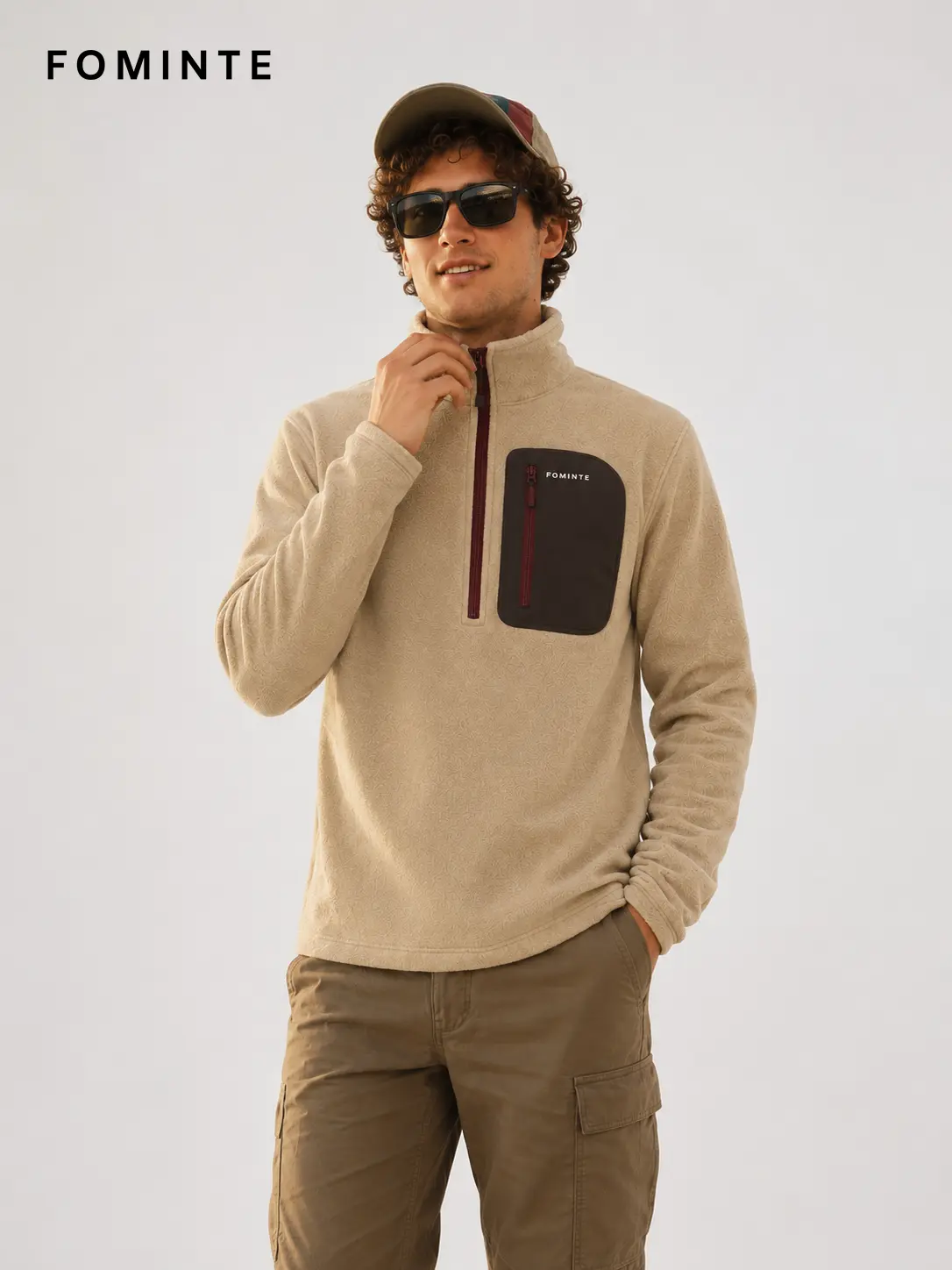 Men's Light Khaki, Brown and Burgundy Color-Block Quarter-Zip Fleece Pullover