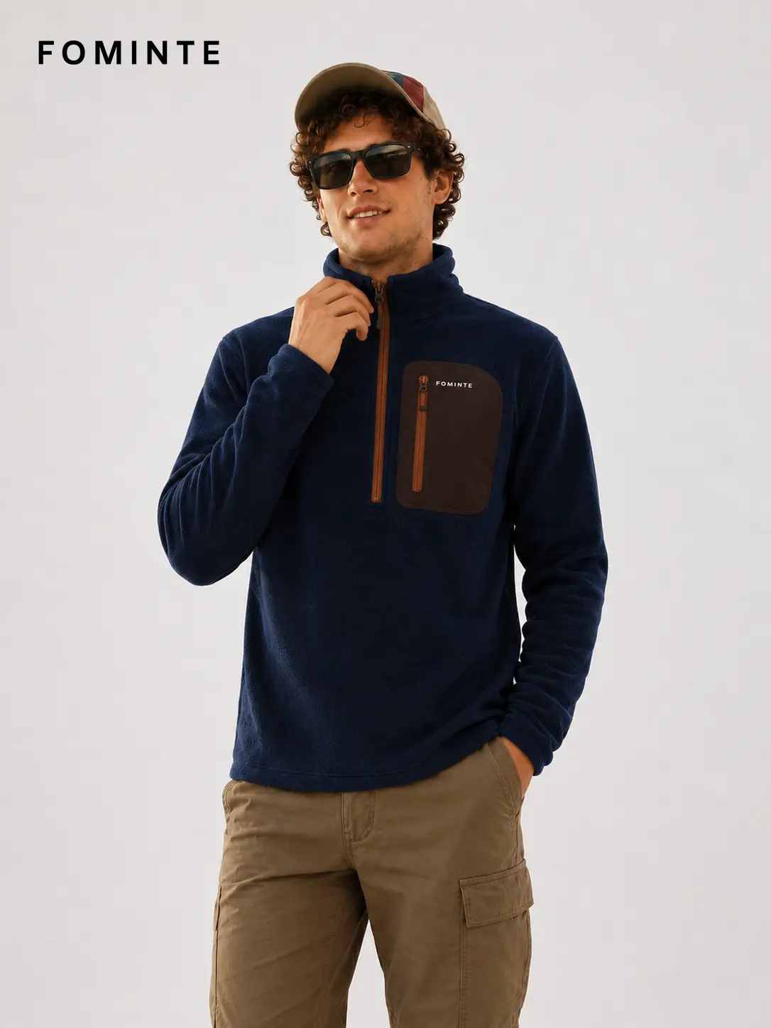 Men's Navy, Brown and Orange Color-Block Quarter-Zip Fleece Pullover