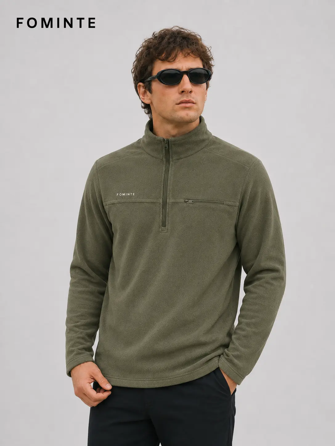 Men's Olive Moss Green Lightweight Quarter-Zip Fleece Pullover