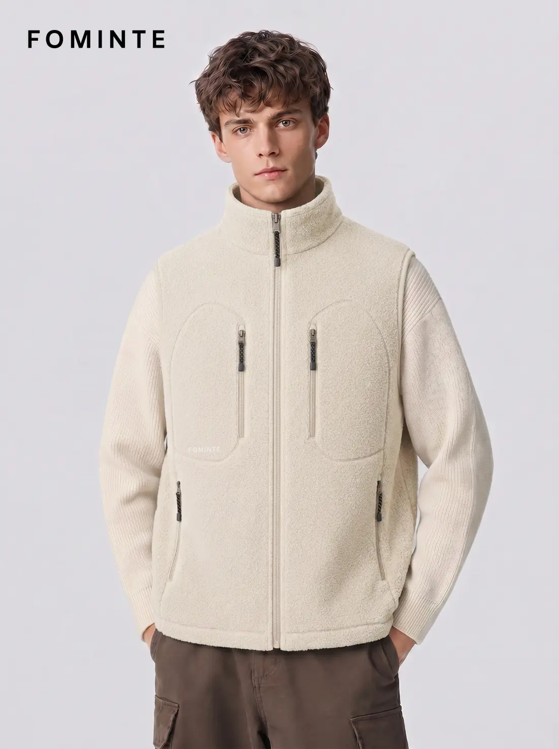 Men's Off White Full-Zip Fleece Vest