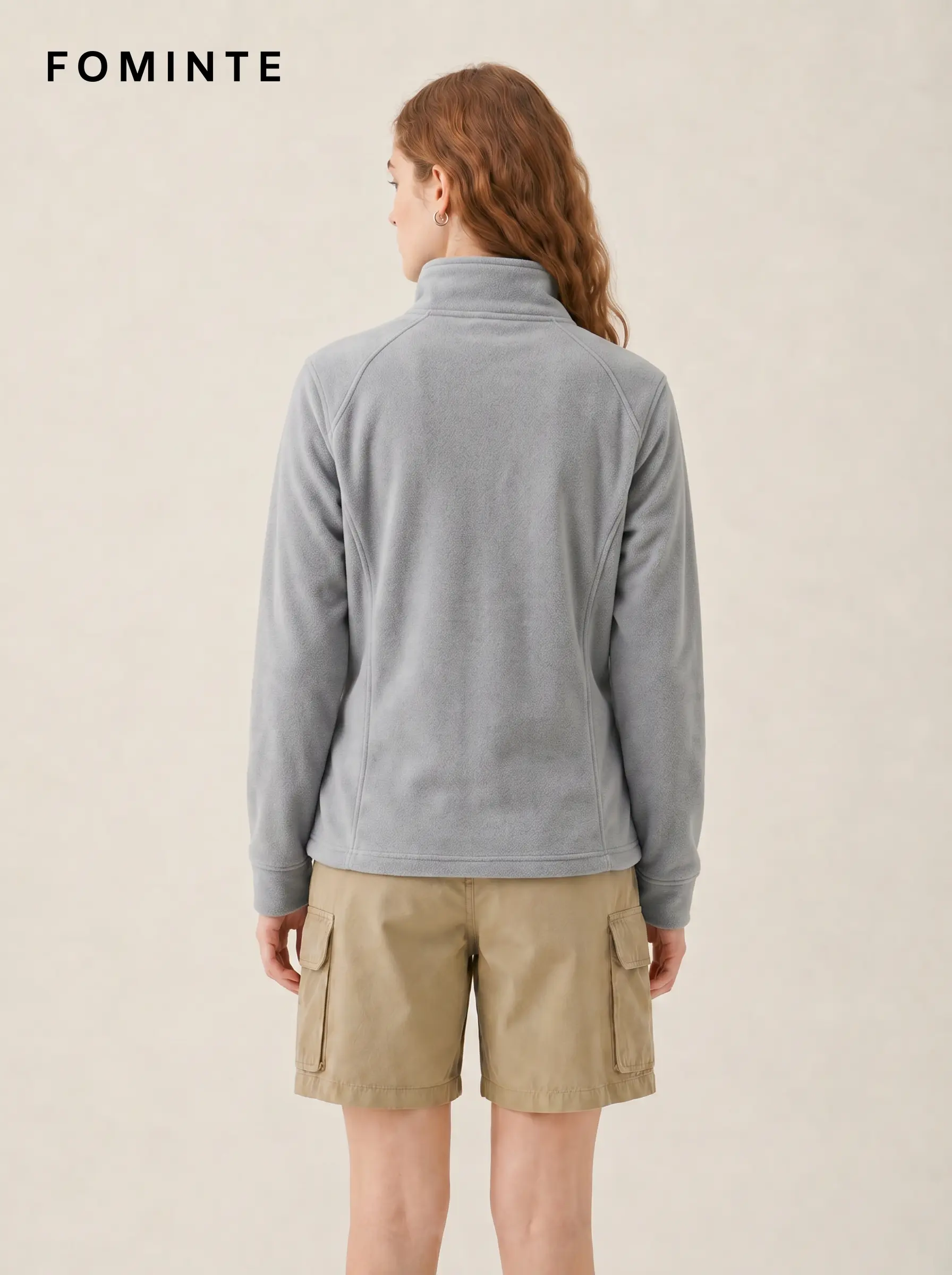 Women's Grey Stand Collar Hiking Quarter-Zip Fleece Hoodie