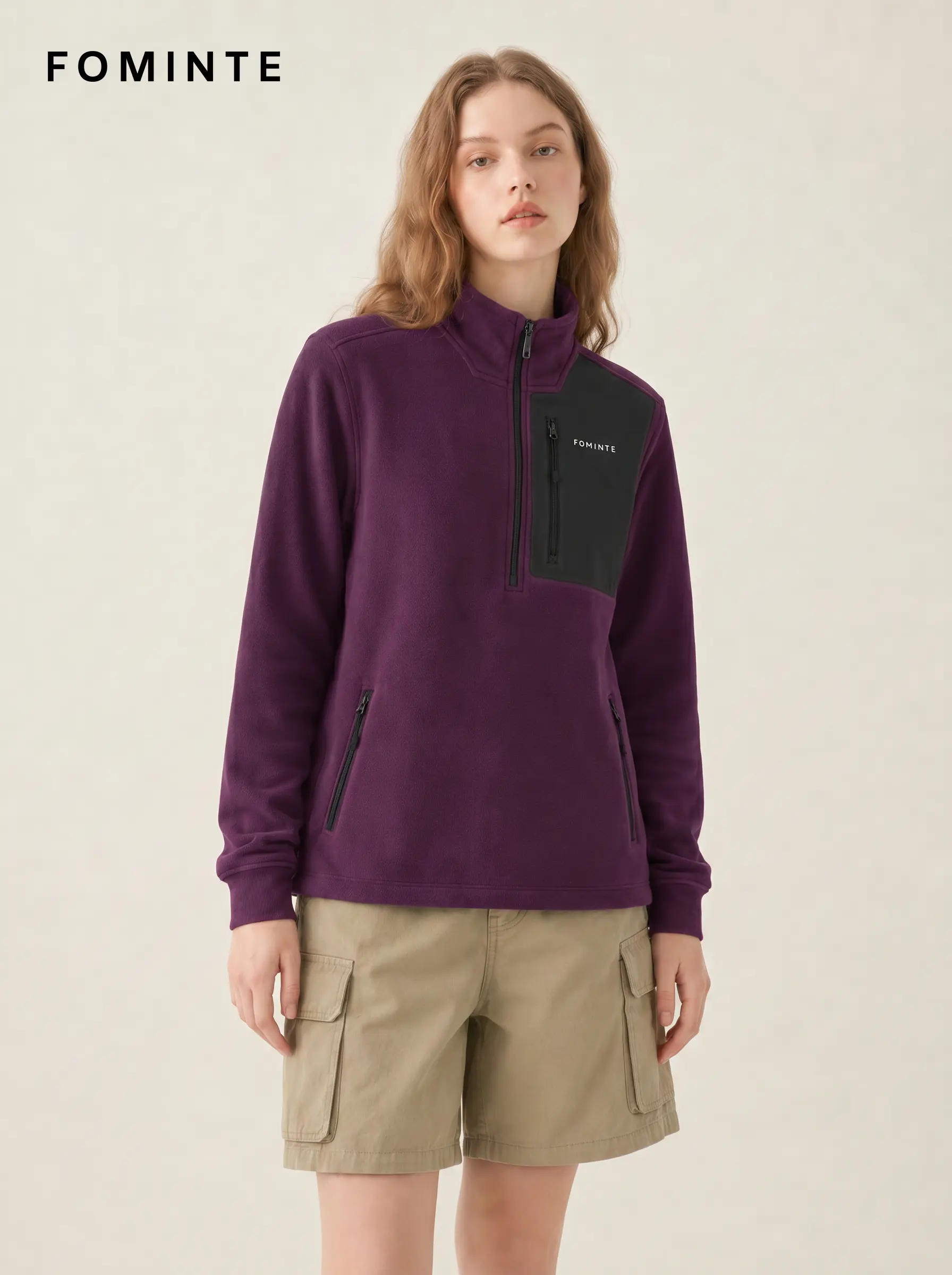 Women's Purple Stand Collar Hiking Quarter-Zip Fleece Hoodie