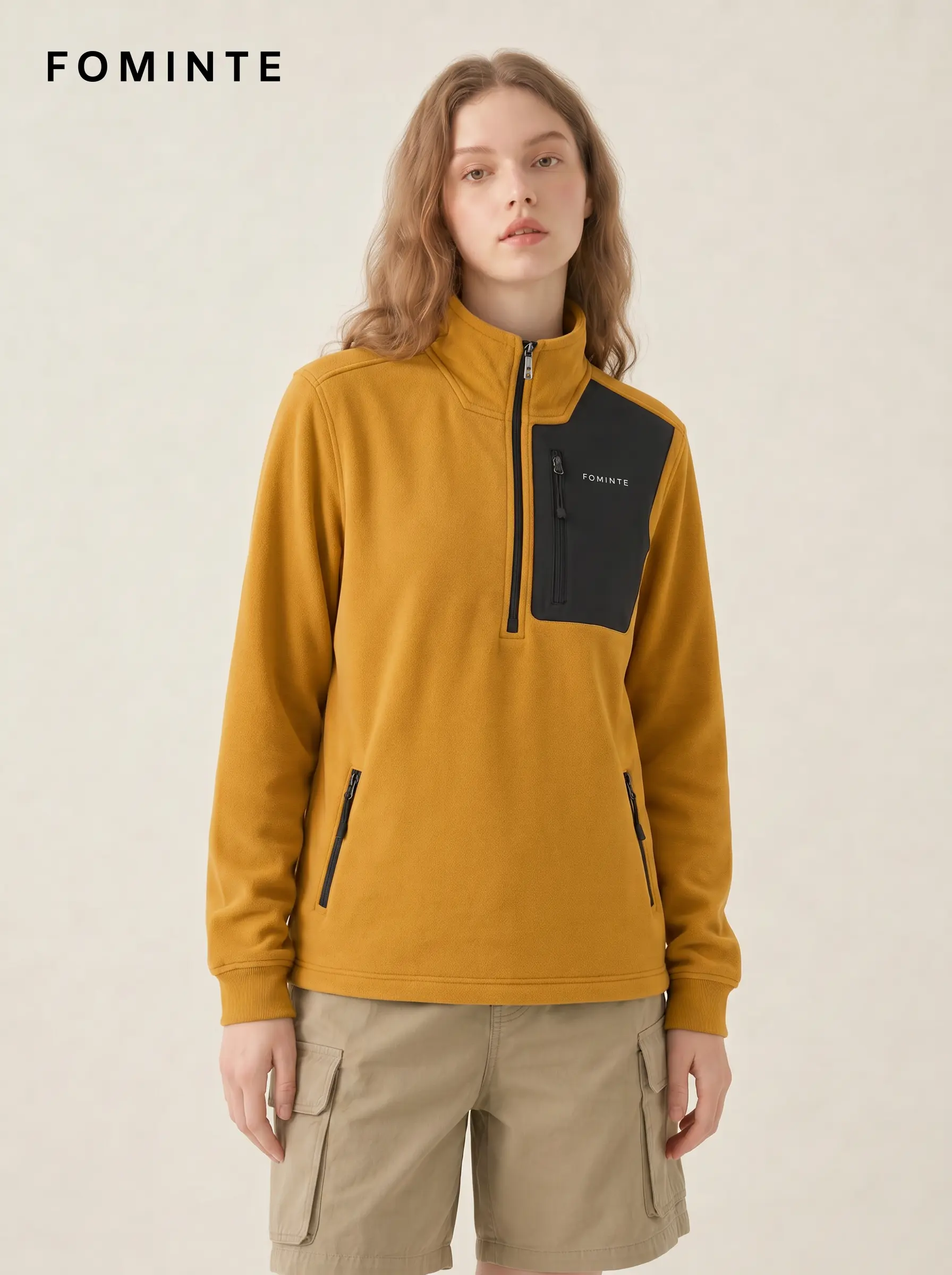 Women's Ginger Yellow Stand Collar Hiking Quarter-Zip Fleece Hoodie
