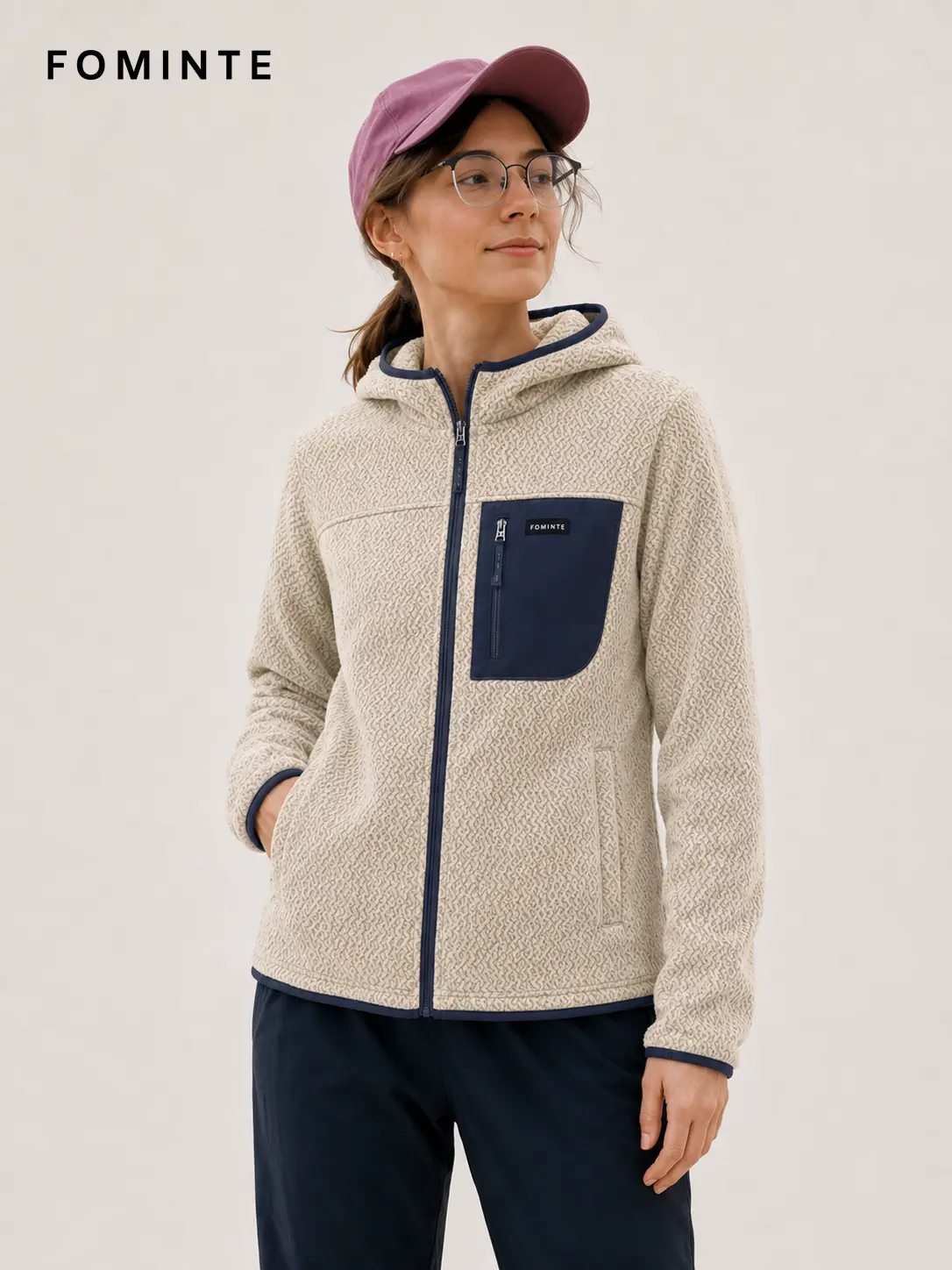 Women's Beige and Charcoal Black Hooded Full-Zip Fleece Jacket