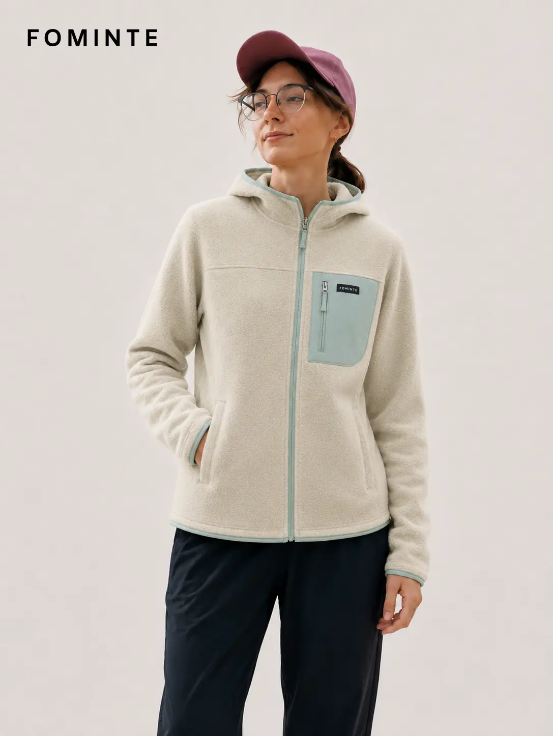 Women's Beige and Light Grey Green Hooded Full-Zip Fleece Jacket