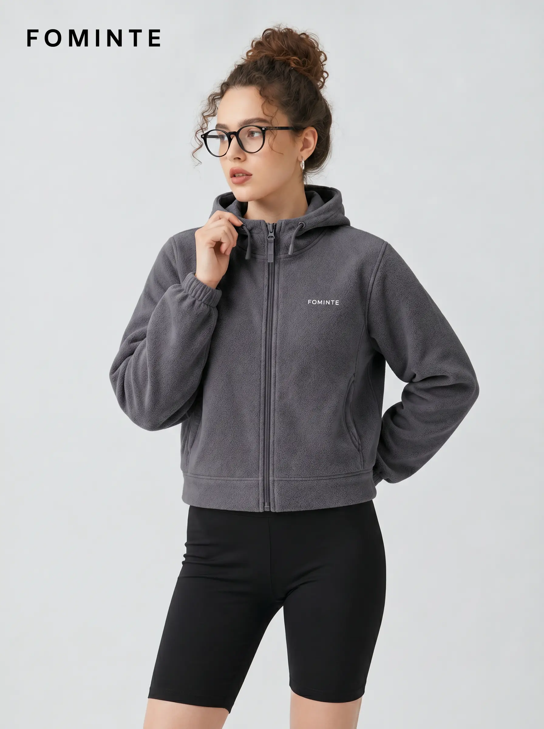 Women's Dark Grey Hooded Full-Zip Fleece Jacket