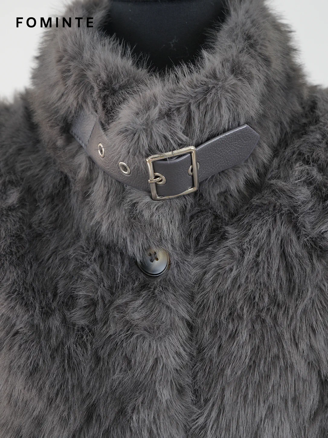 Grey Buckle-Collar Faux Fur Coat Wholesale