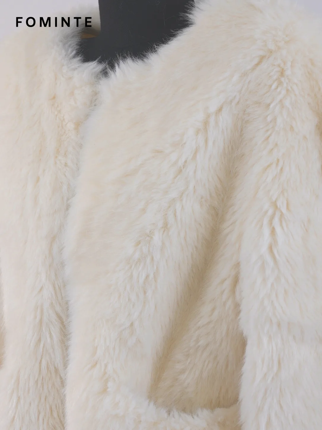 White Collarless Faux Fur Jacket Wholesale