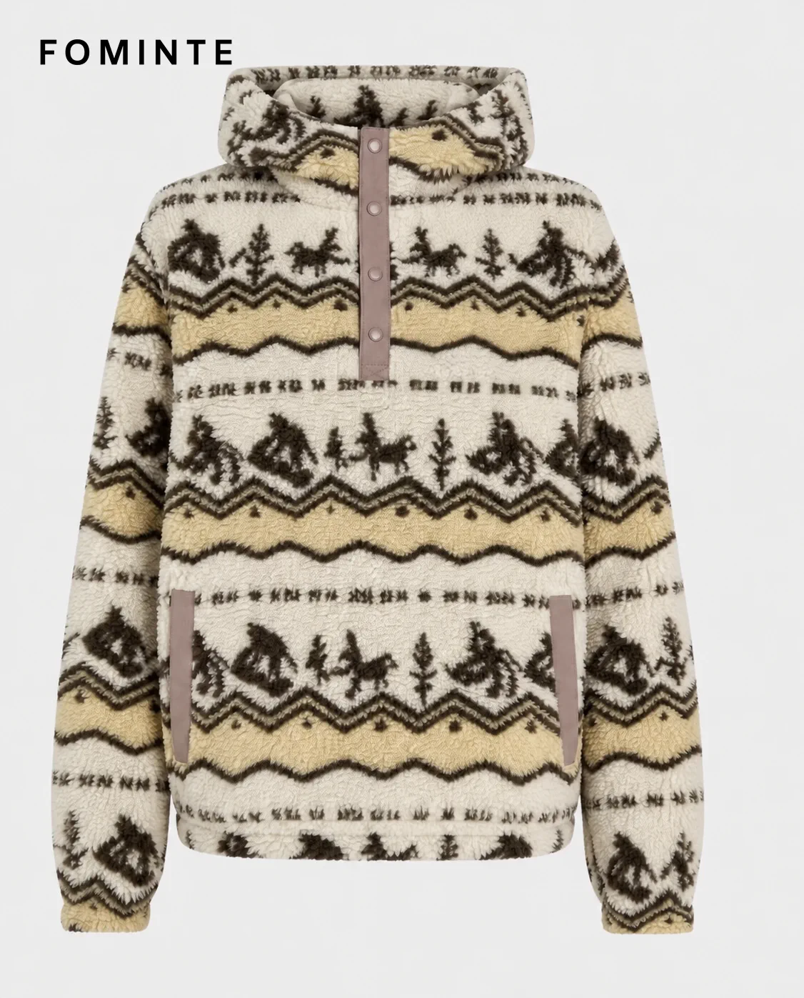Ivory Geometric Print Hooded Fleece Jacket