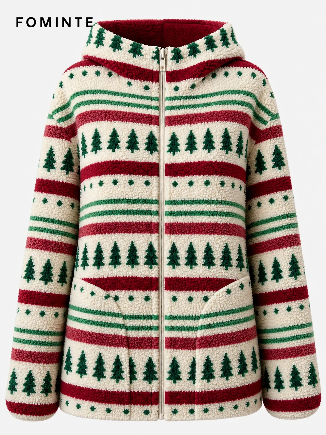 Evergreen Tree Print Hooded Fleece Jacket